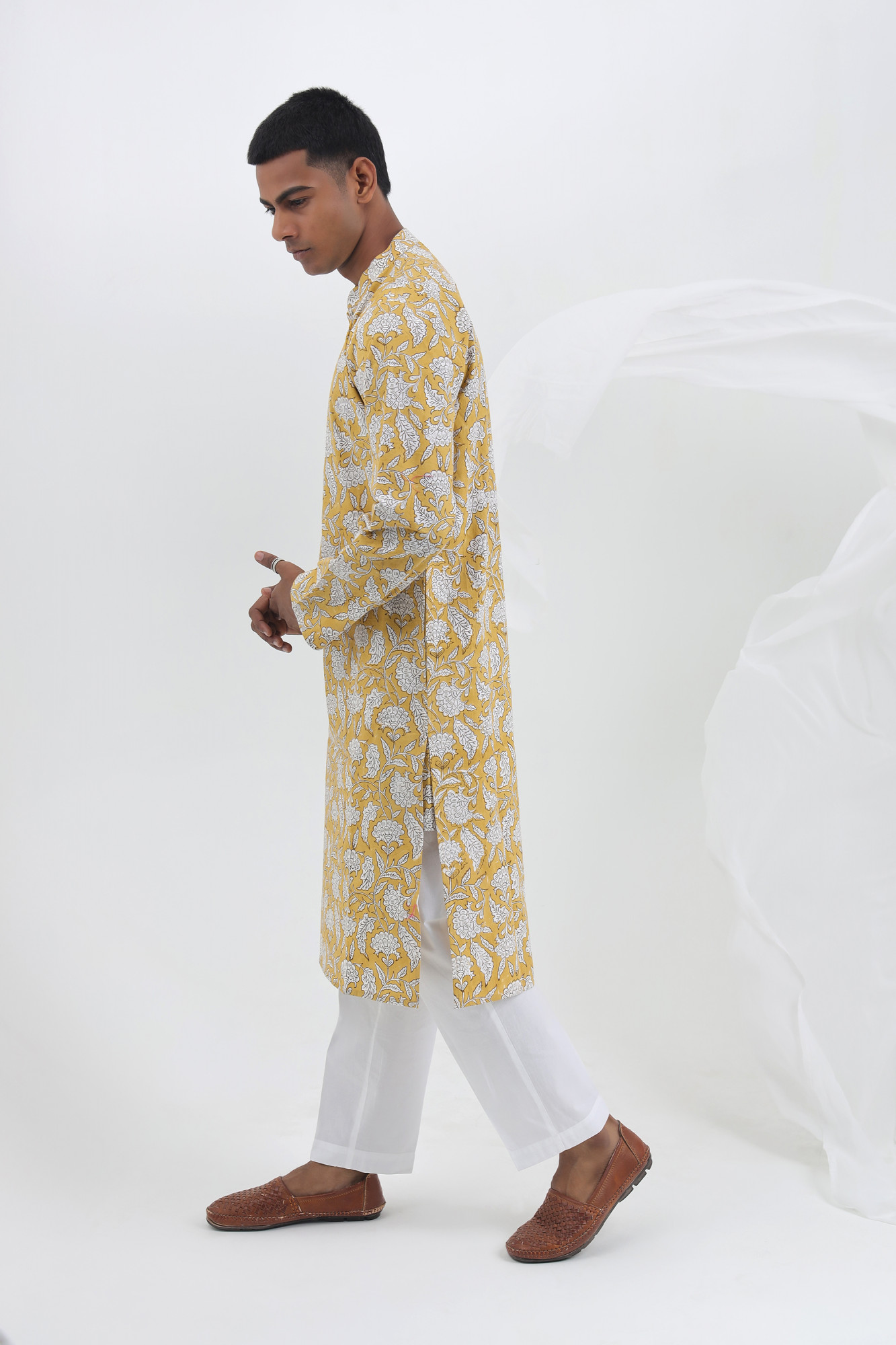 Suraj Yellow Handblock Printed Kurta Set for Men  Cotton Relaxed Fit