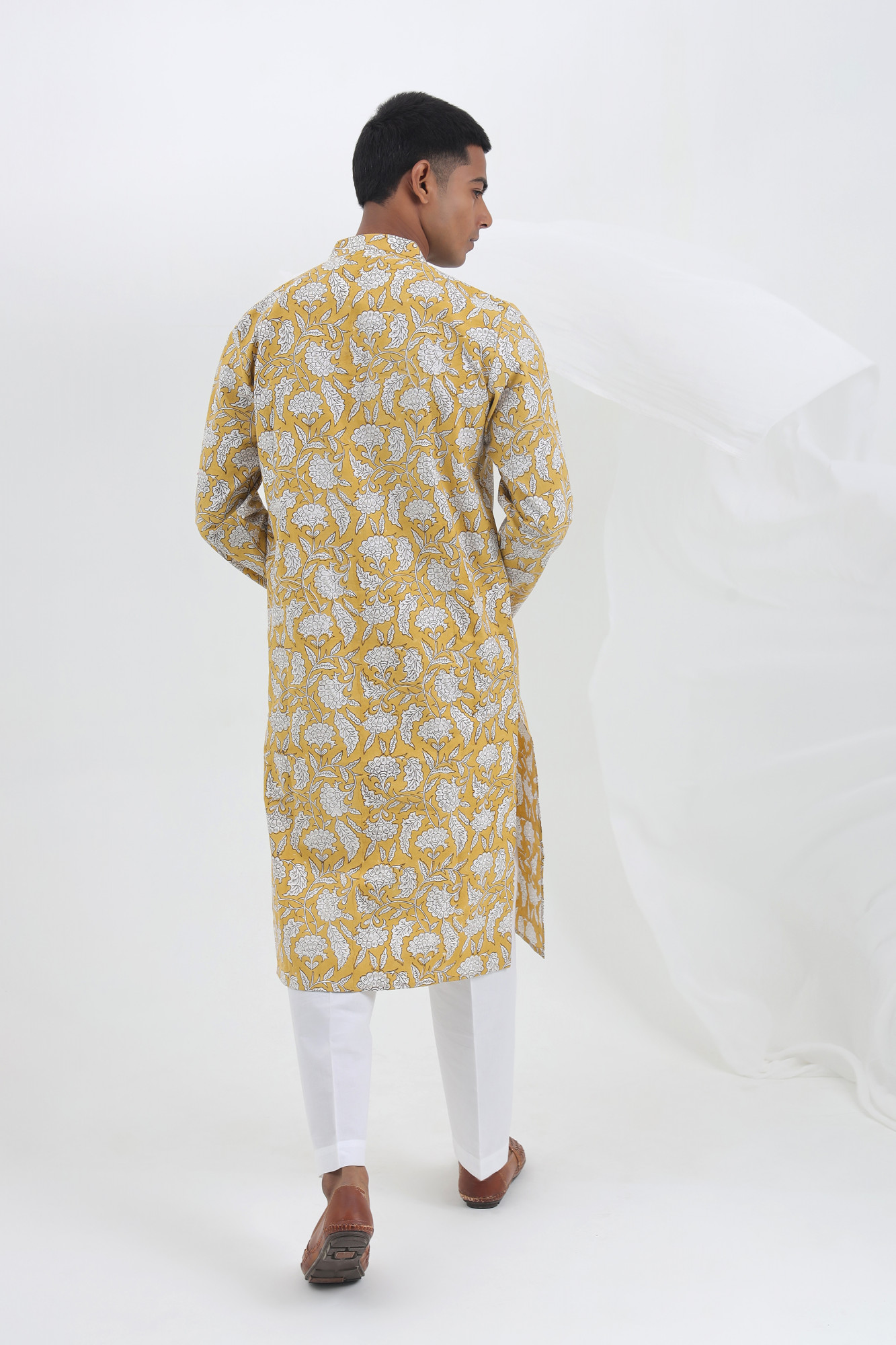 Suraj Yellow Handblock Printed Kurta Set for Men  Cotton Relaxed Fit