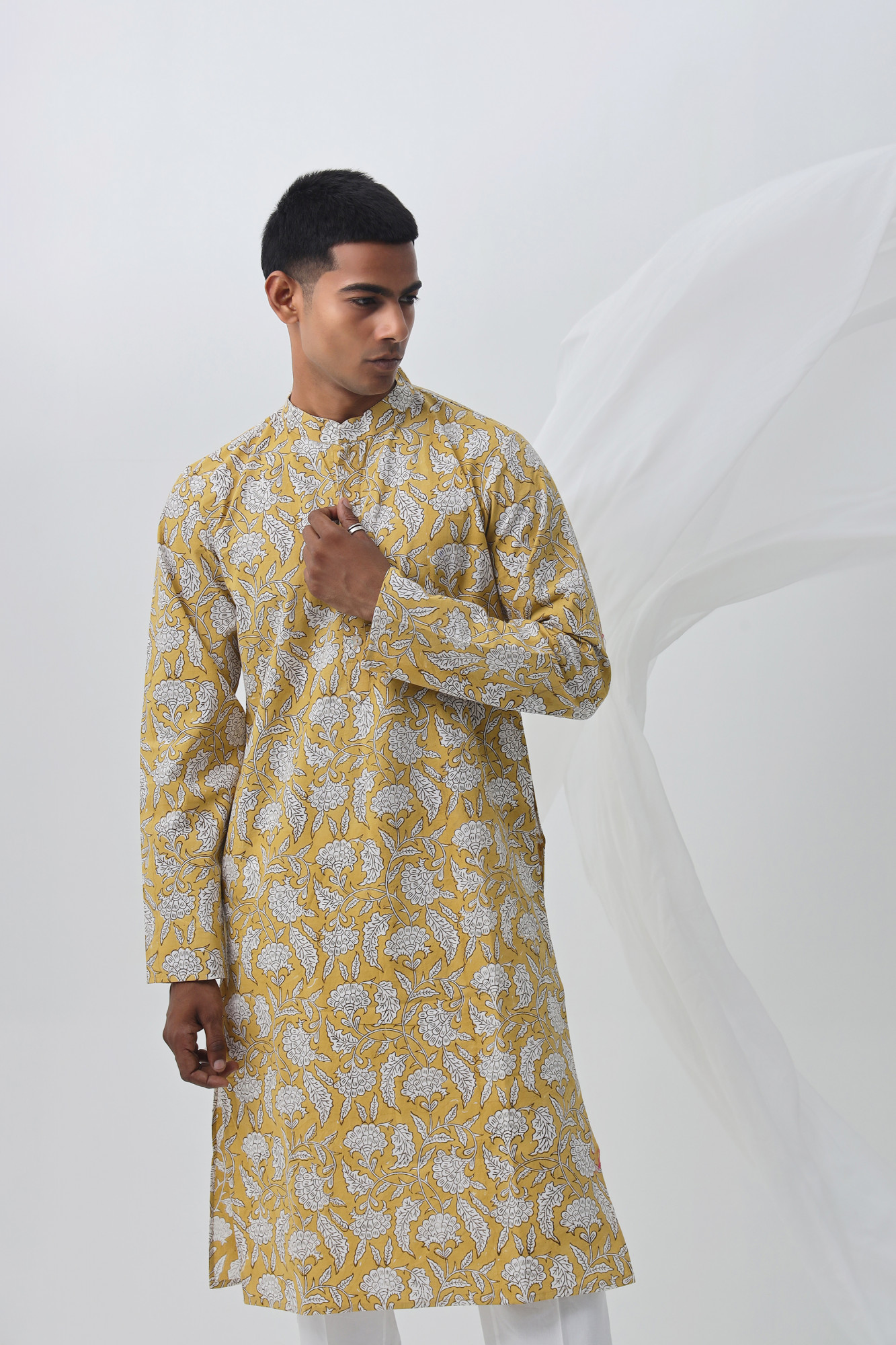 Suraj Yellow Handblock Printed Kurta Set for Men  Cotton Relaxed Fit