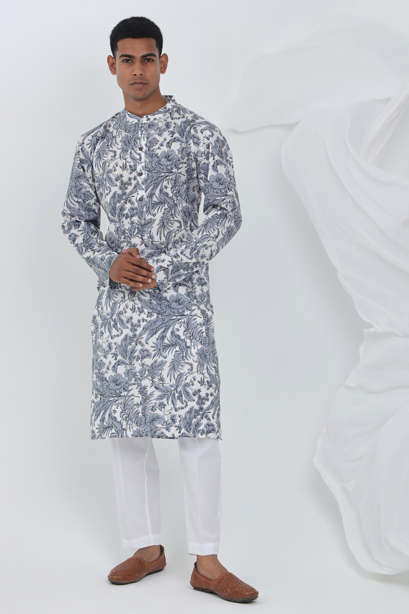 Neel Van White  Navy Sanganeri Kurta for Men  Cotton Floral Print