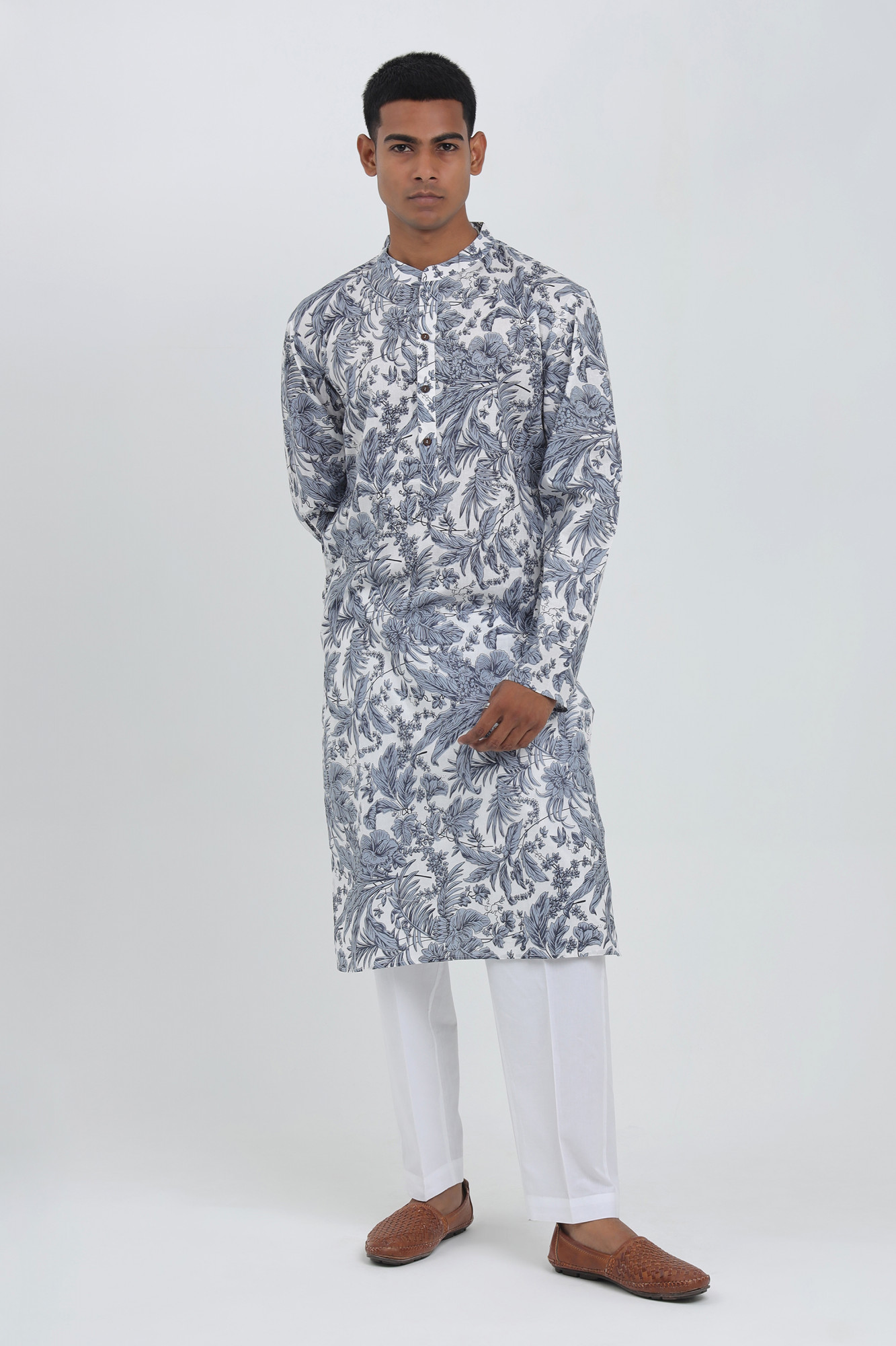 Neel Van White  Navy Sanganeri Kurta for Men  Cotton Floral Print