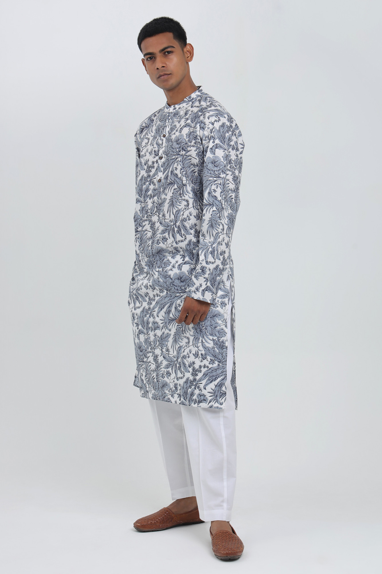 Neel Van White  Navy Sanganeri Kurta for Men  Cotton Floral Print