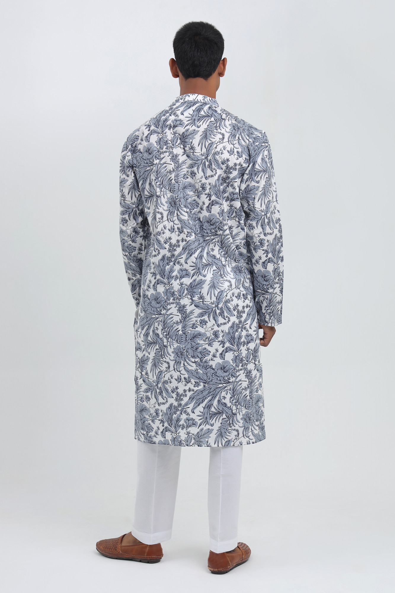 Neel Van White  Navy Sanganeri Kurta for Men  Cotton Floral Print