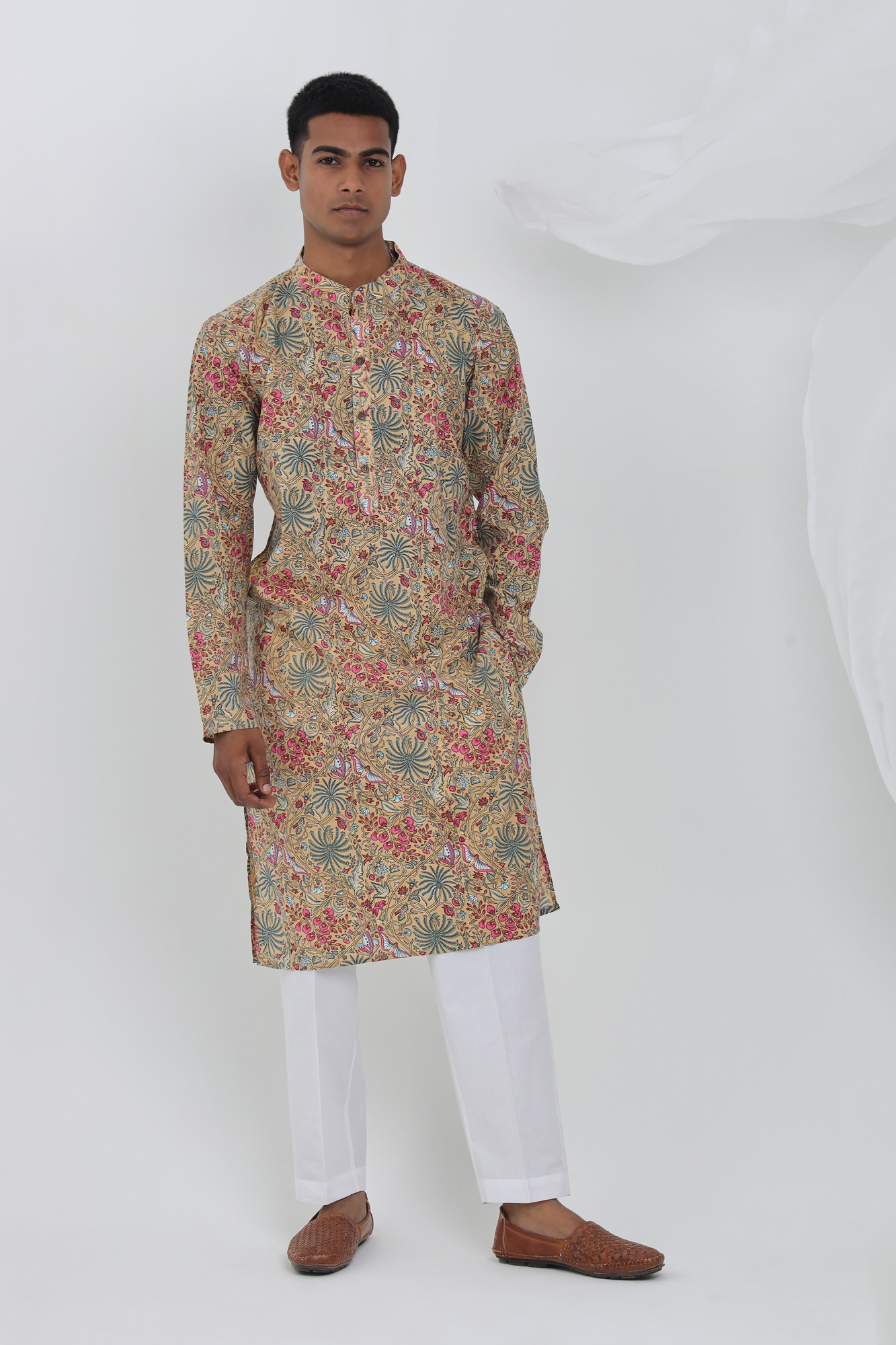 Tara Beige Multicolor Sanganeri Kurta for Men  Cotton Floral Jungle Print