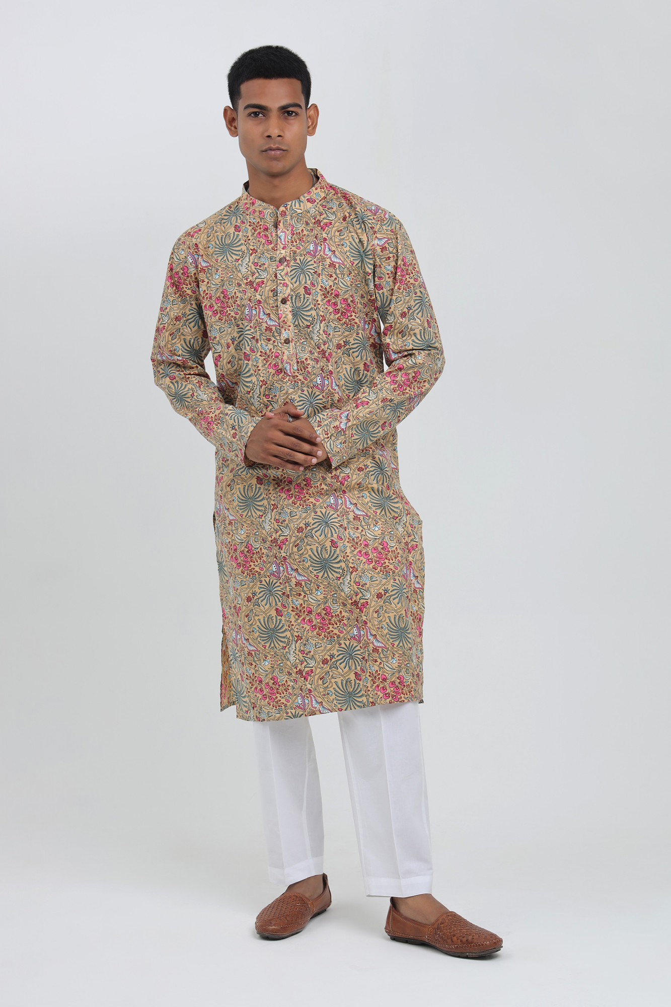 Tara Beige Multicolor Sanganeri Kurta for Men  Cotton Floral Jungle Print