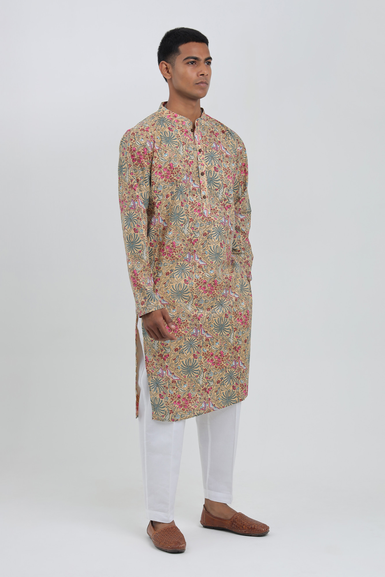 Tara Beige Multicolor Sanganeri Kurta for Men  Cotton Floral Jungle Print