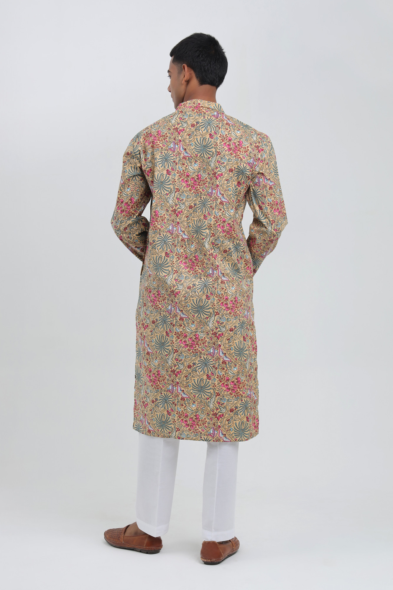 Tara Beige Multicolor Sanganeri Kurta for Men  Cotton Floral Jungle Print