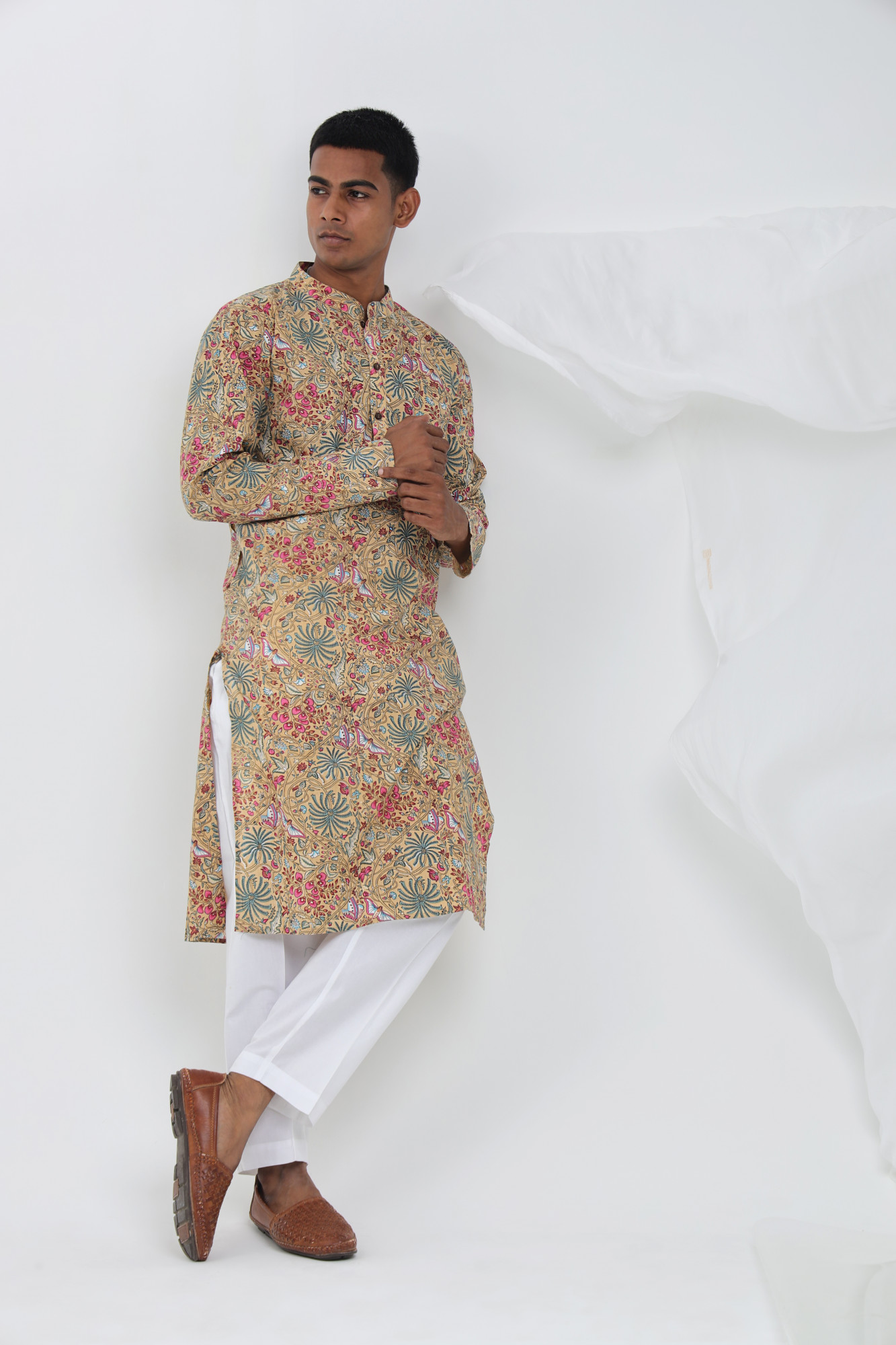 Tara Beige Multicolor Sanganeri Kurta for Men  Cotton Floral Jungle Print