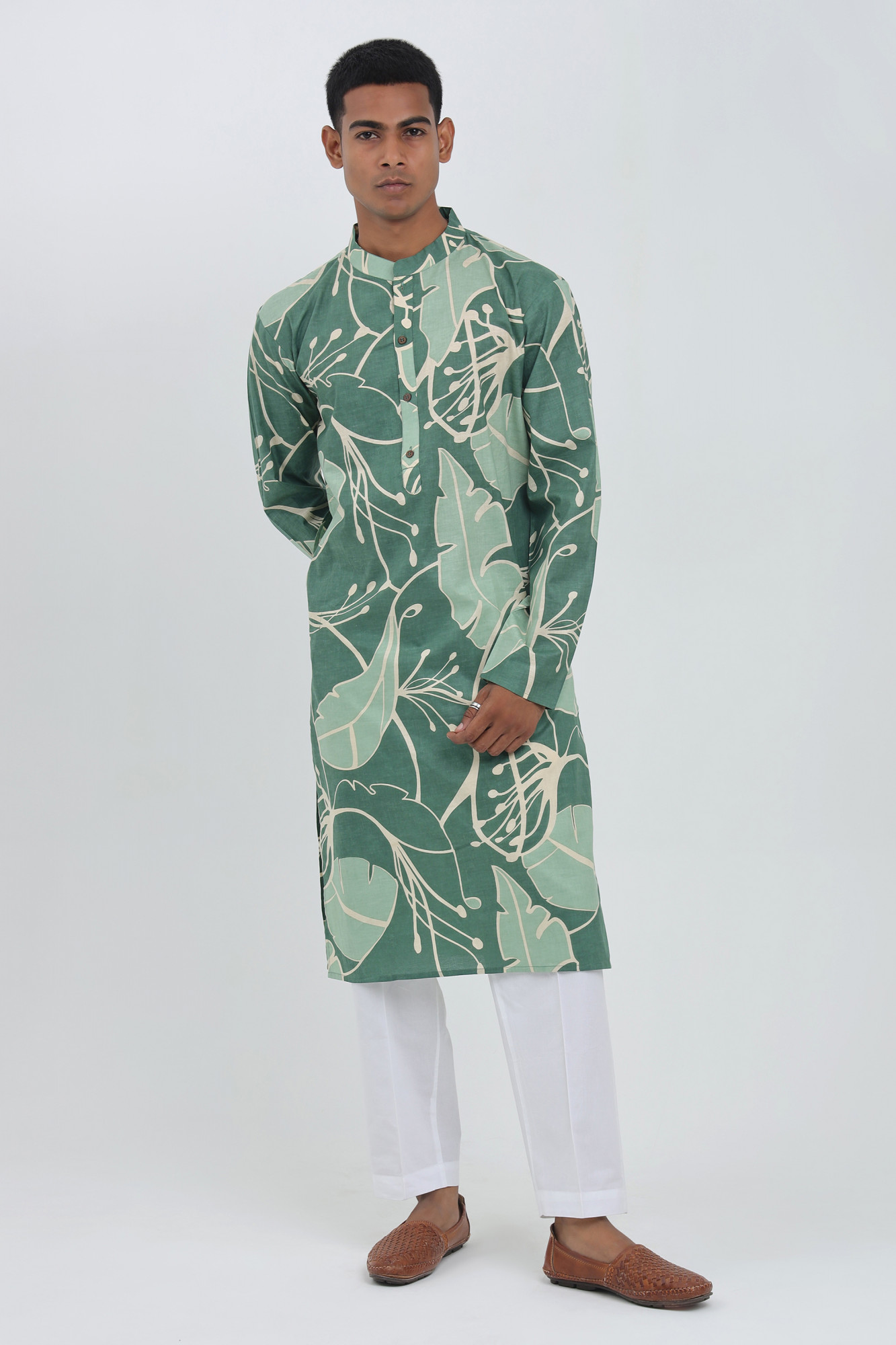 Horizon Green Botanical Printed Kurta for Men  Cotton Relaxed Fit