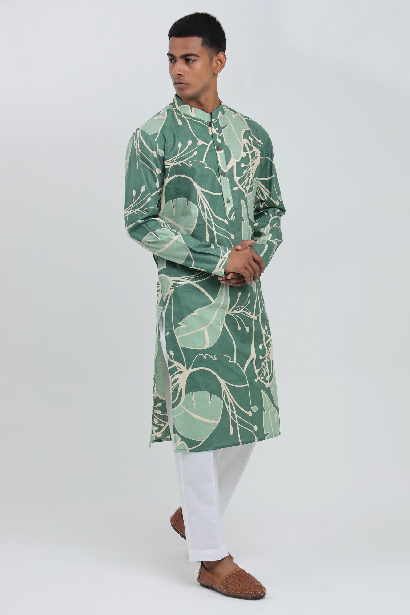 Horizon Green Botanical Printed Kurta for Men  Cotton Relaxed Fit