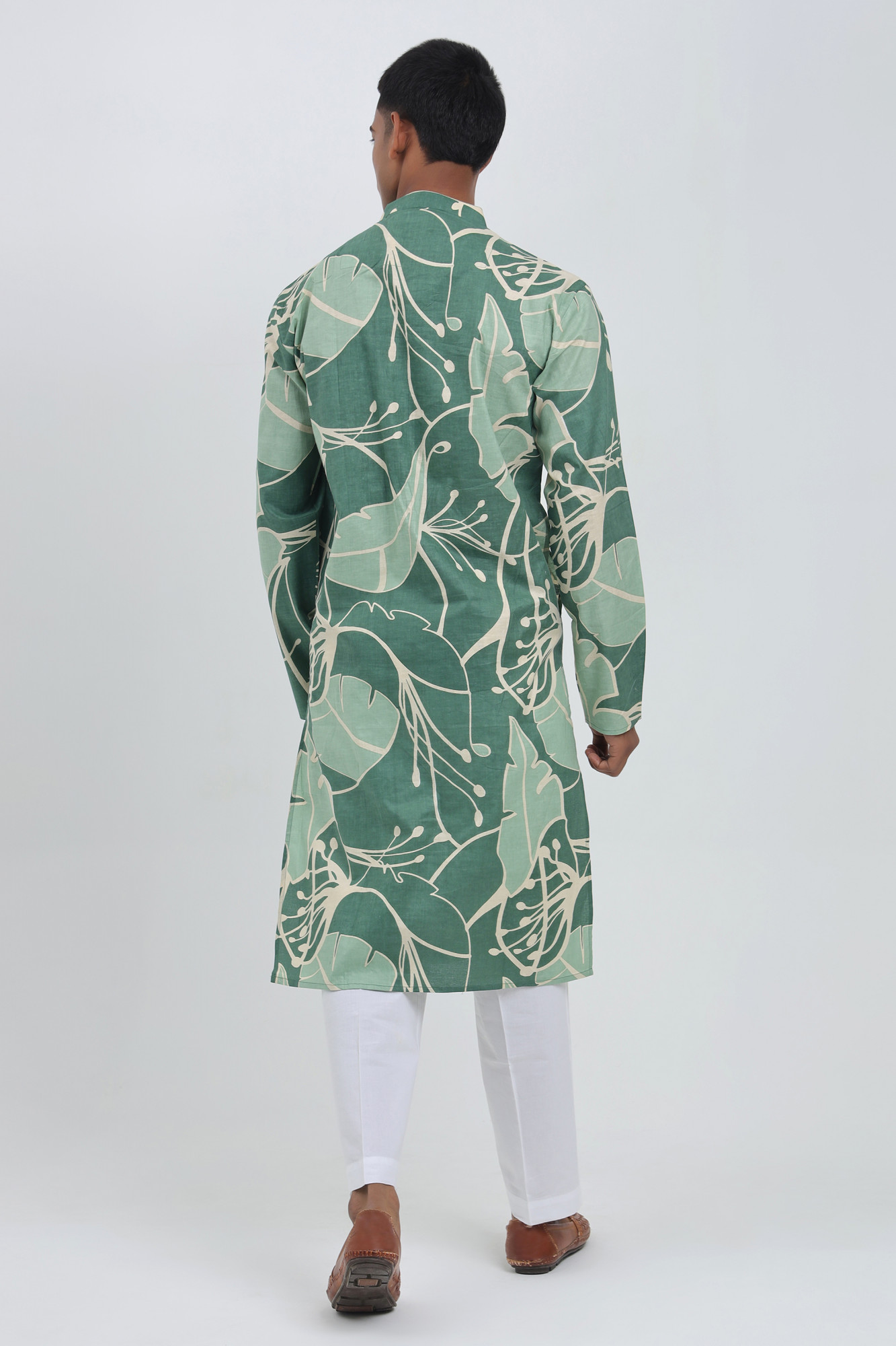 Horizon Green Botanical Printed Kurta for Men  Cotton Relaxed Fit