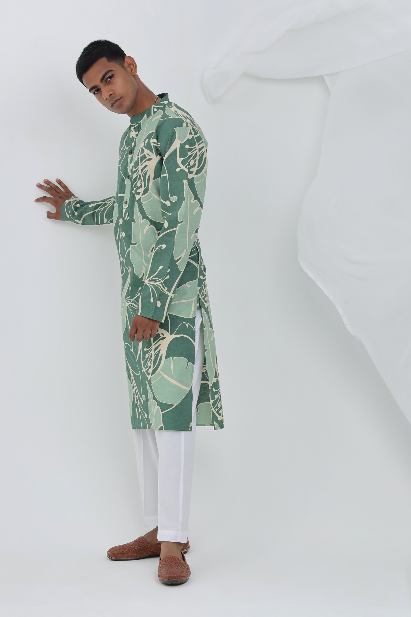 Horizon Green Botanical Printed Kurta for Men  Cotton Relaxed Fit