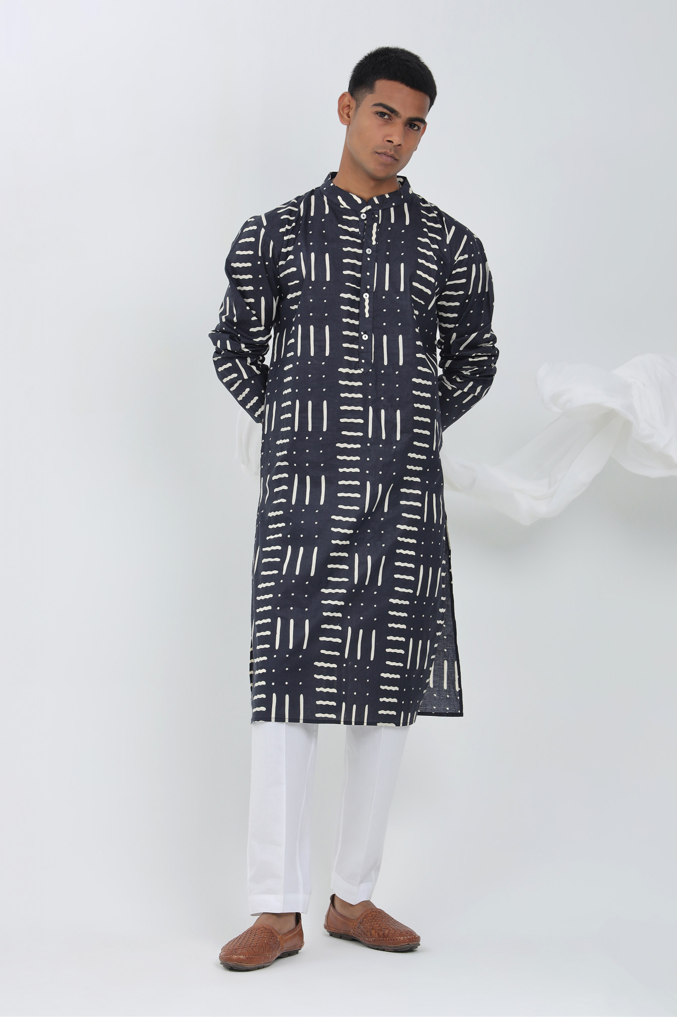 Shade Navy Abstract Printed Kurta for Men  Cotton Relaxed Fit