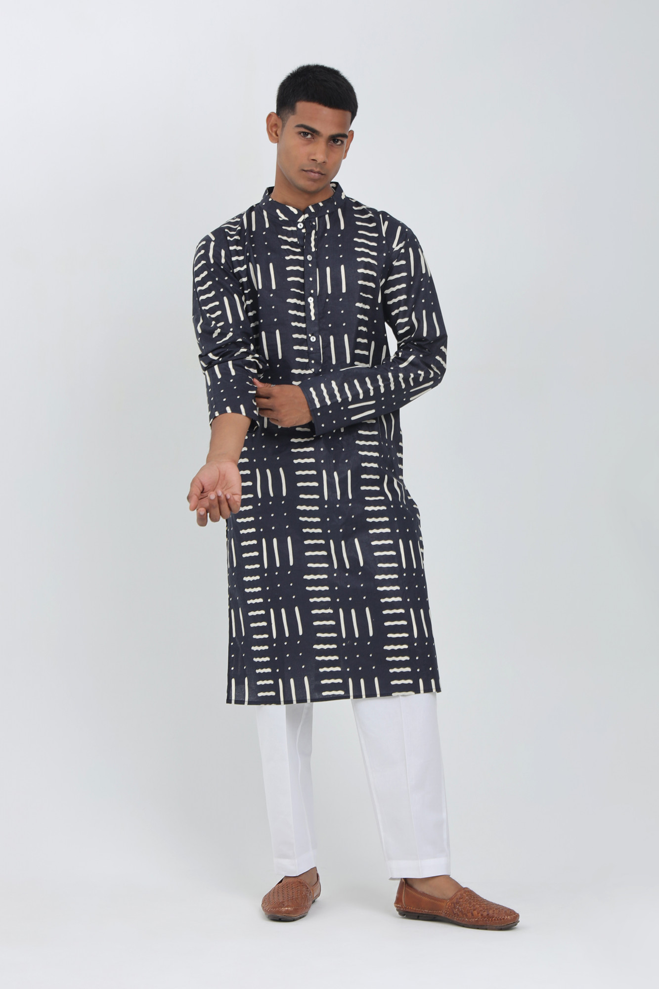 Shade Navy Abstract Printed Kurta for Men  Cotton Relaxed Fit