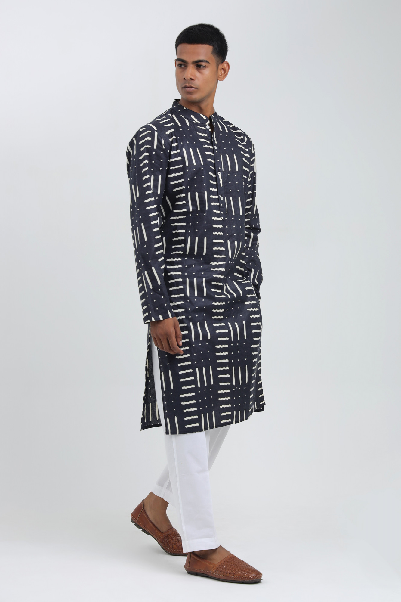 Shade Navy Abstract Printed Kurta for Men  Cotton Relaxed Fit