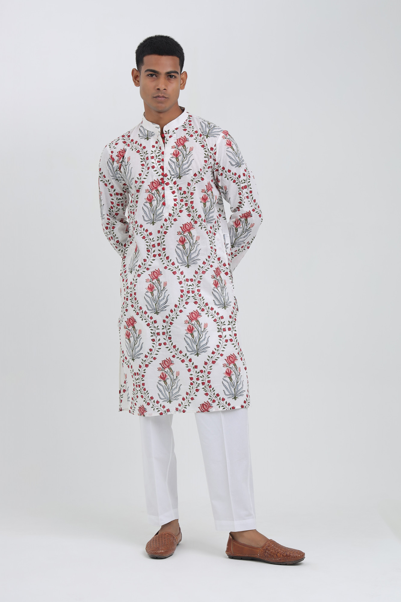 Gulaal White Handblock Printed Kurta for Men  Red Floral Cotton