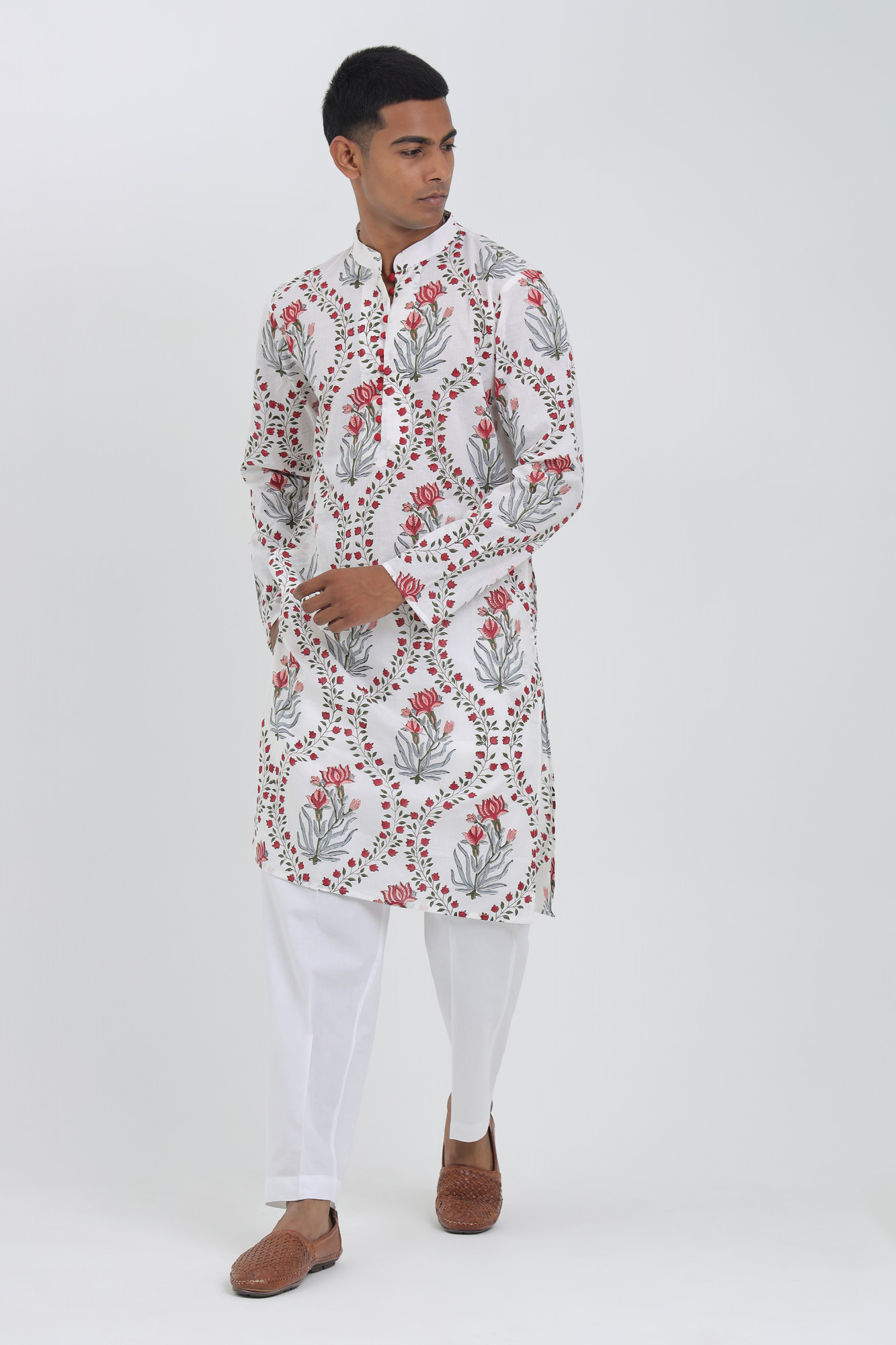Gulaal White Handblock Printed Kurta for Men  Red Floral Cotton