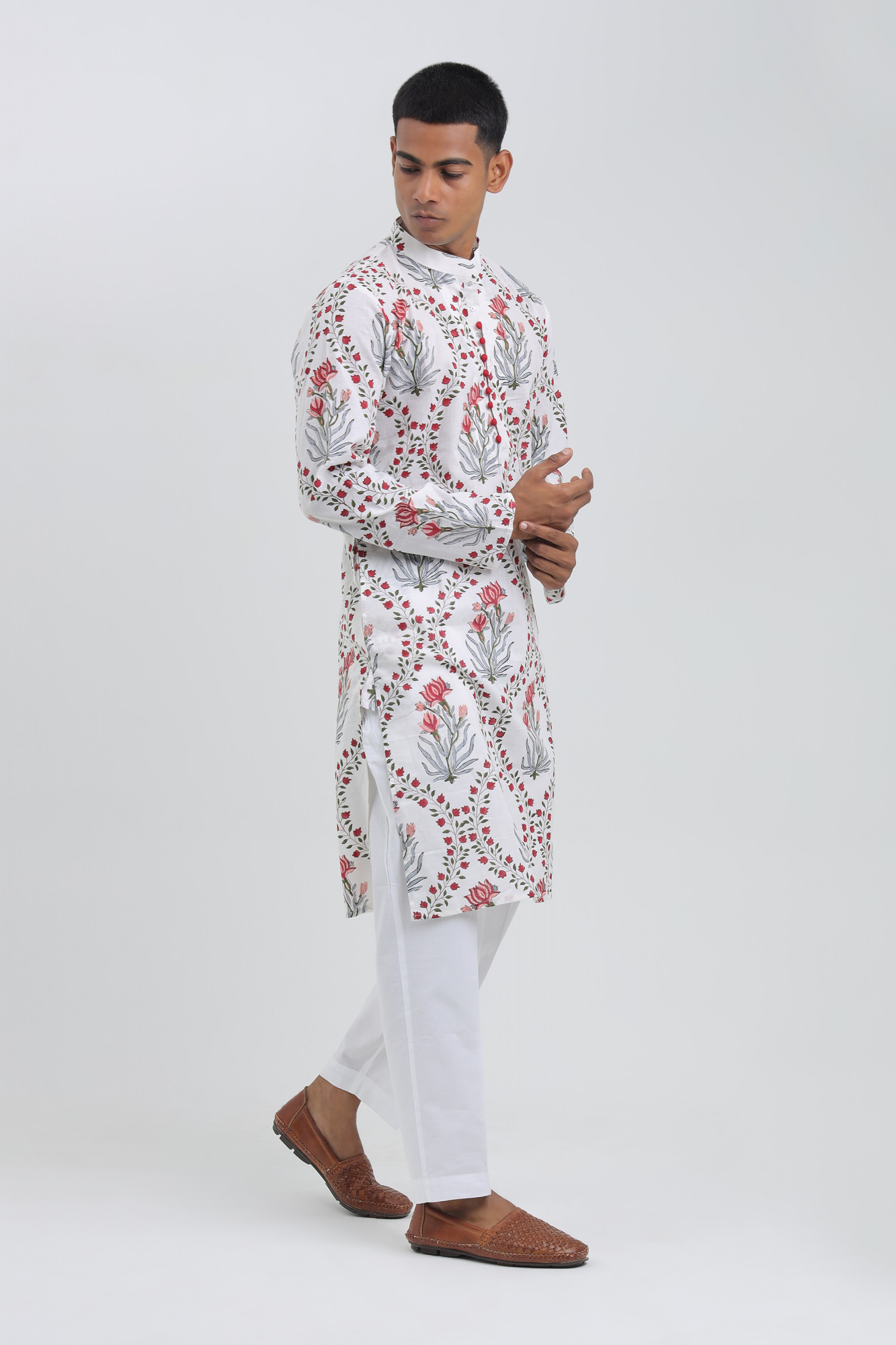 Gulaal White Handblock Printed Kurta for Men  Red Floral Cotton