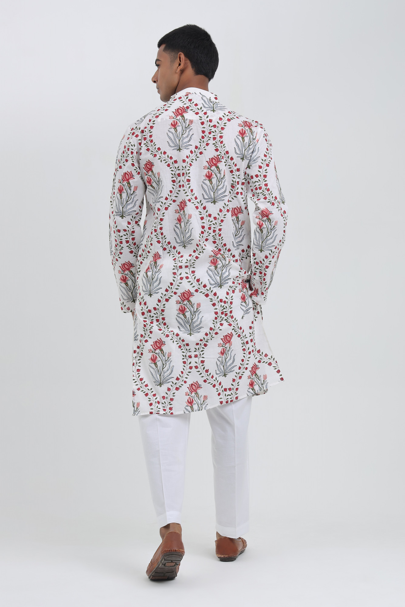 Gulaal White Handblock Printed Kurta for Men  Red Floral Cotton