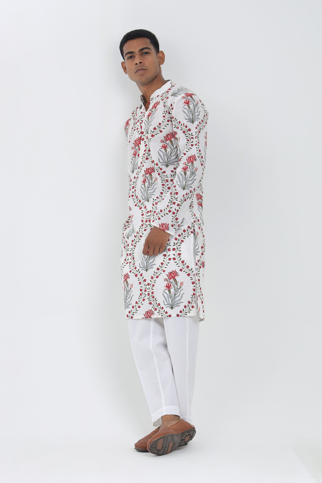 Gulaal White Handblock Printed Kurta for Men  Red Floral Cotton