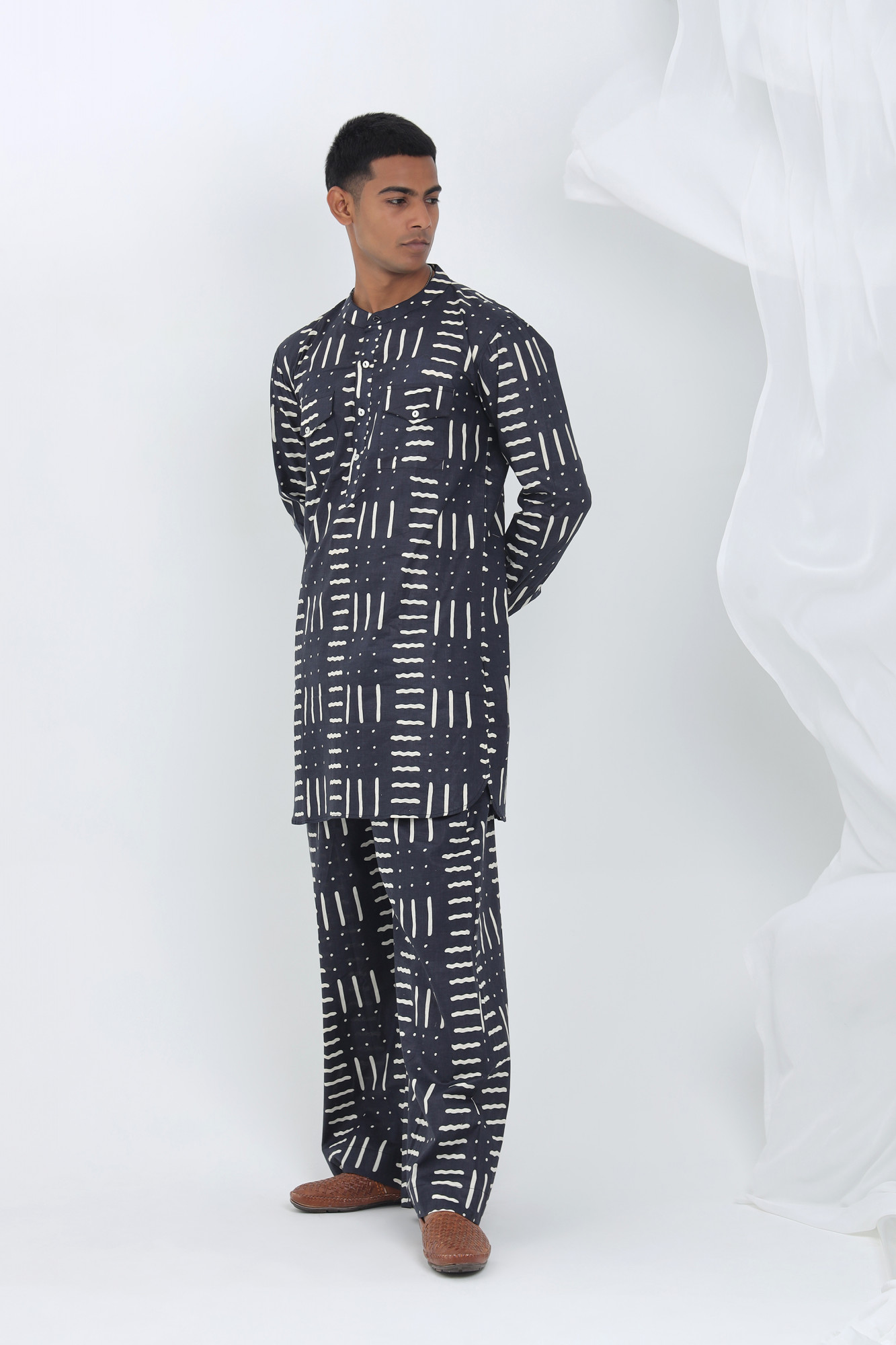 Megh Navy Abstract Printed Kurta Co-ord Set for Men  Cotton Relaxed Fit