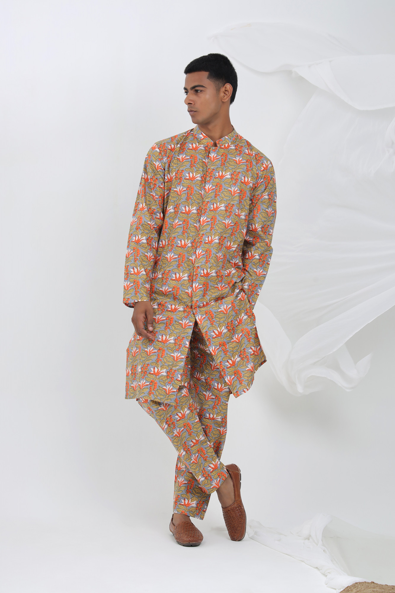 Abir Beige Sanganeri Floral Kurta Co-ord Set for Men  Cotton Relaxed Fit