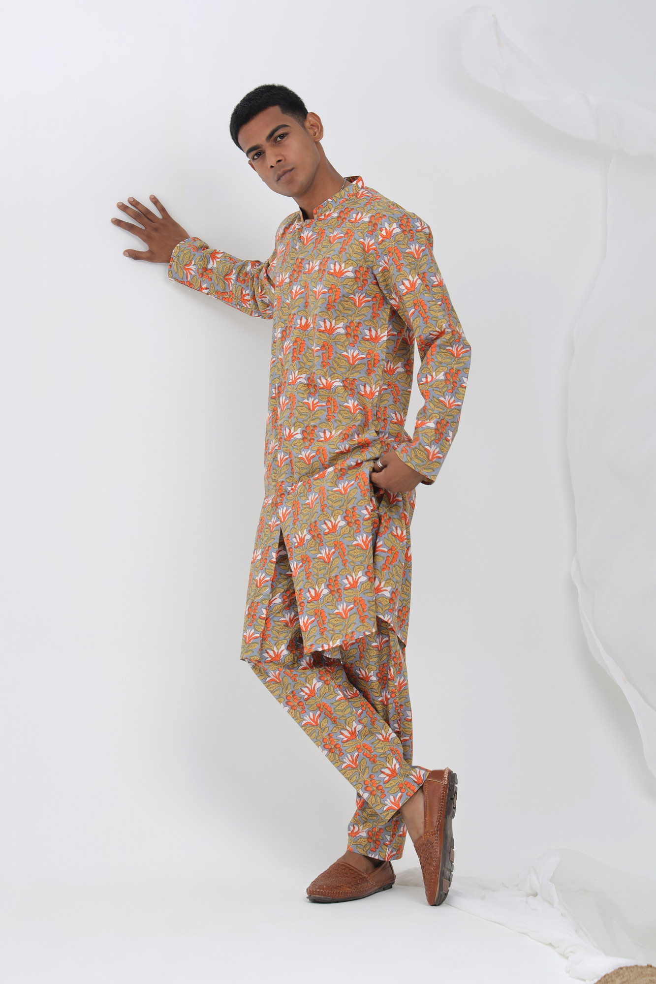 Abir Beige Sanganeri Floral Kurta Co-ord Set for Men  Cotton Relaxed Fit