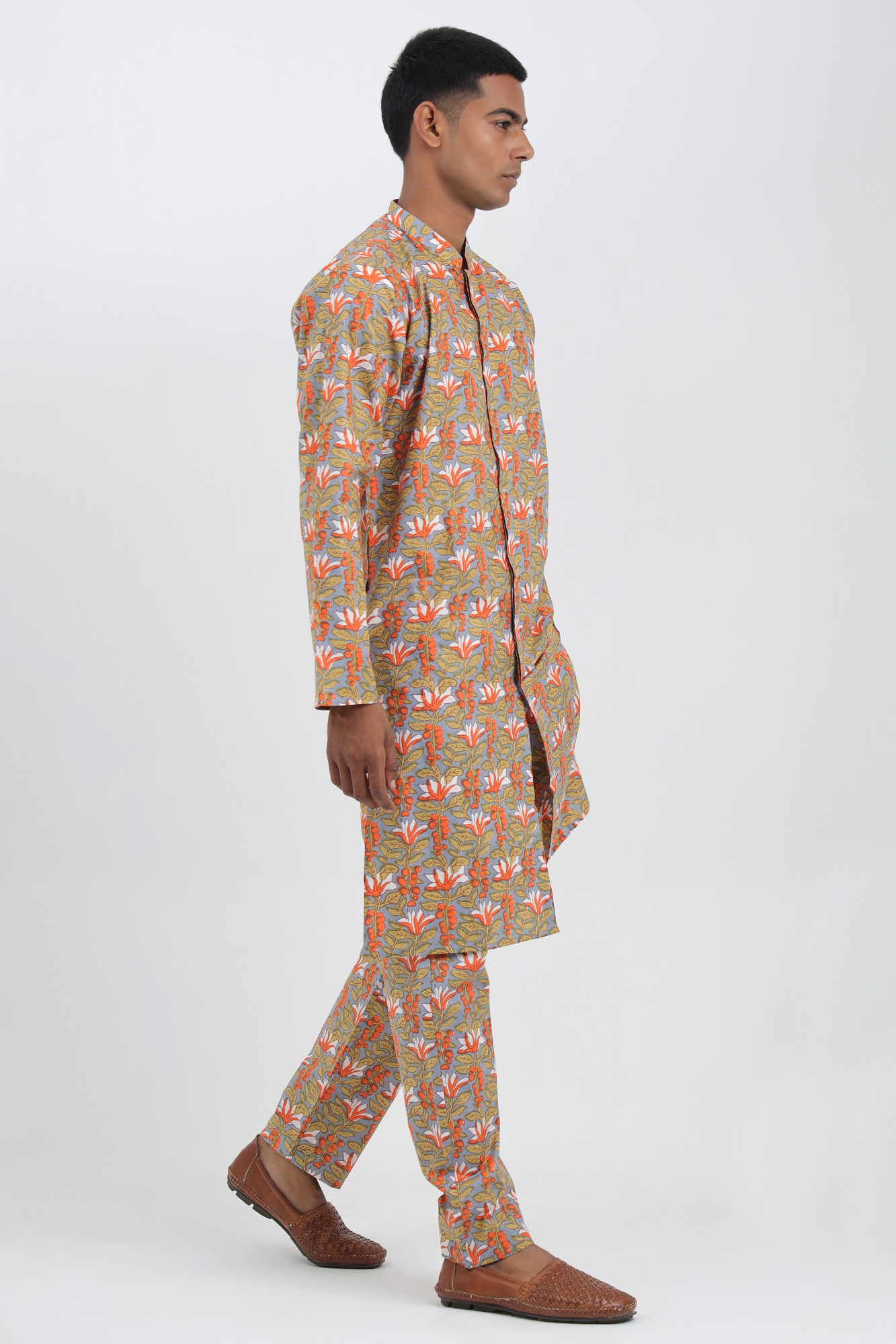 Abir Beige Sanganeri Floral Kurta Co-ord Set for Men  Cotton Relaxed Fit