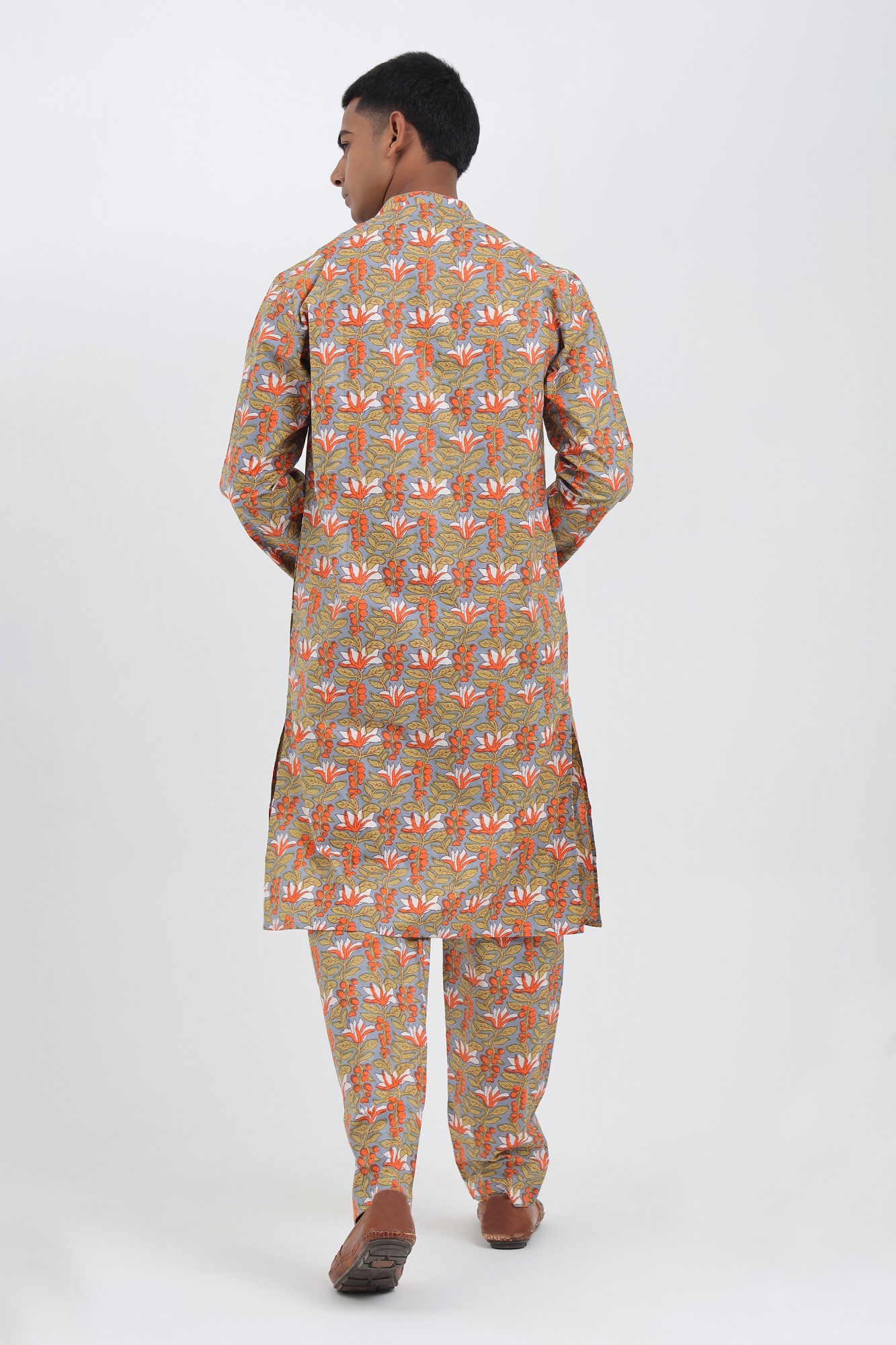 Abir Beige Sanganeri Floral Kurta Co-ord Set for Men  Cotton Relaxed Fit