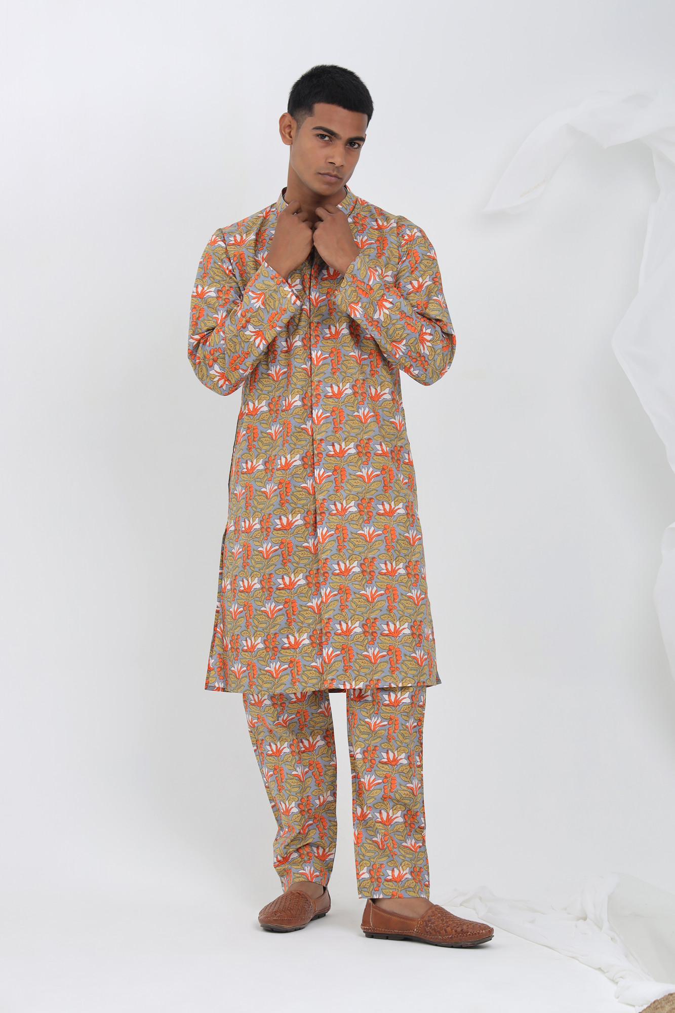 Abir Beige Sanganeri Floral Kurta Co-ord Set for Men  Cotton Relaxed Fit