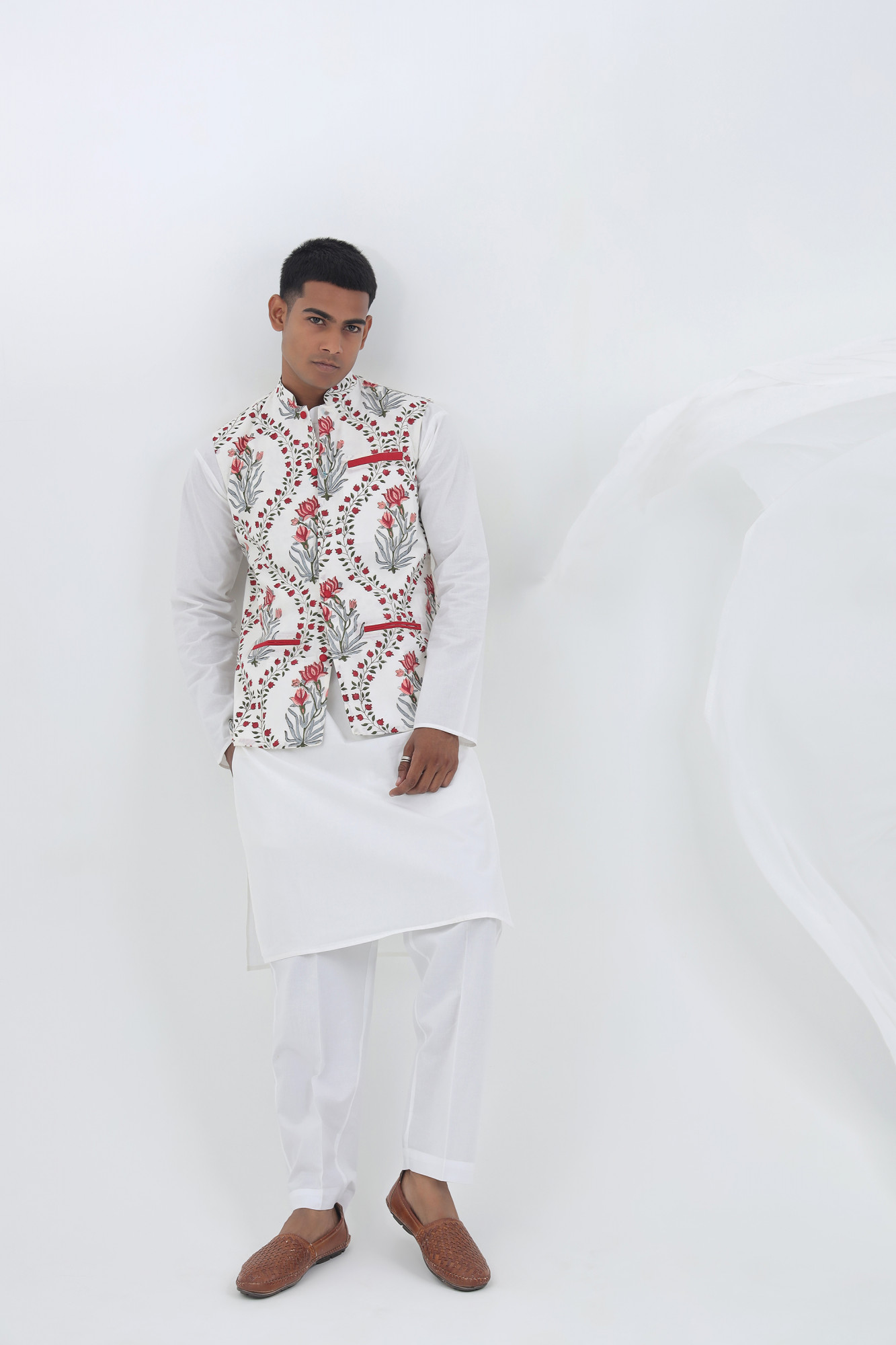 Shwet White Handblock Nehru Jacket Set for Men  Cotton 3-Piece Festive Wear