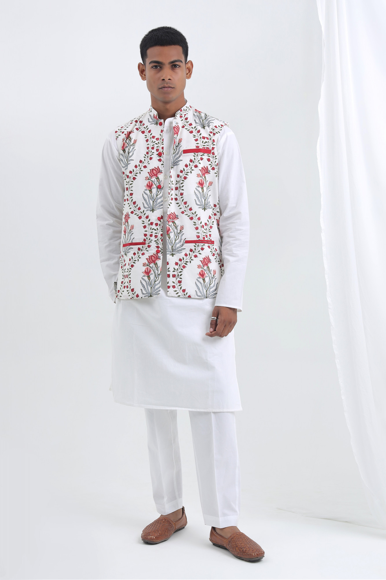 Shwet White Handblock Nehru Jacket Set for Men  Cotton 3-Piece Festive Wear