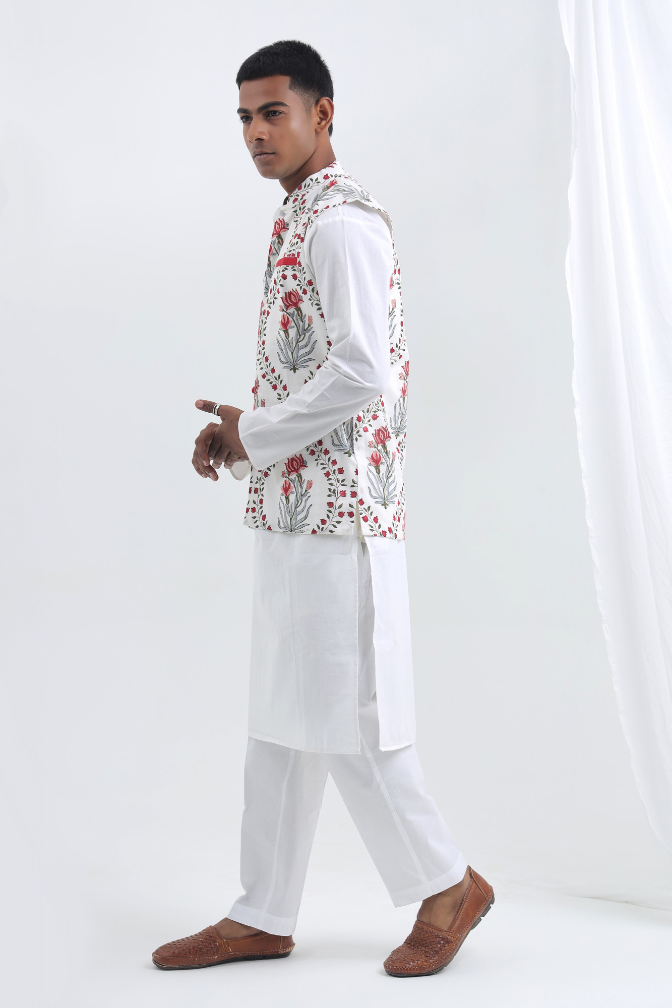 Shwet White Handblock Nehru Jacket Set for Men  Cotton 3-Piece Festive Wear