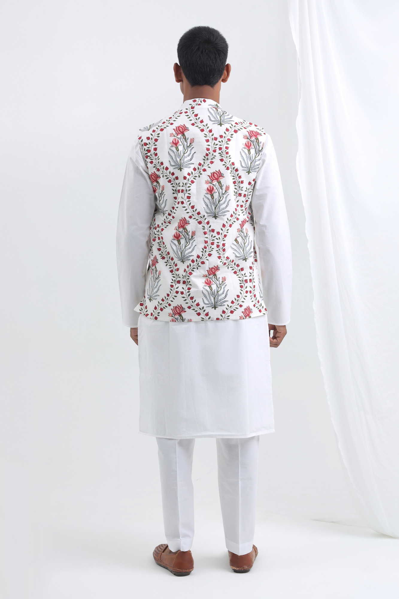Shwet White Handblock Nehru Jacket Set for Men  Cotton 3-Piece Festive Wear