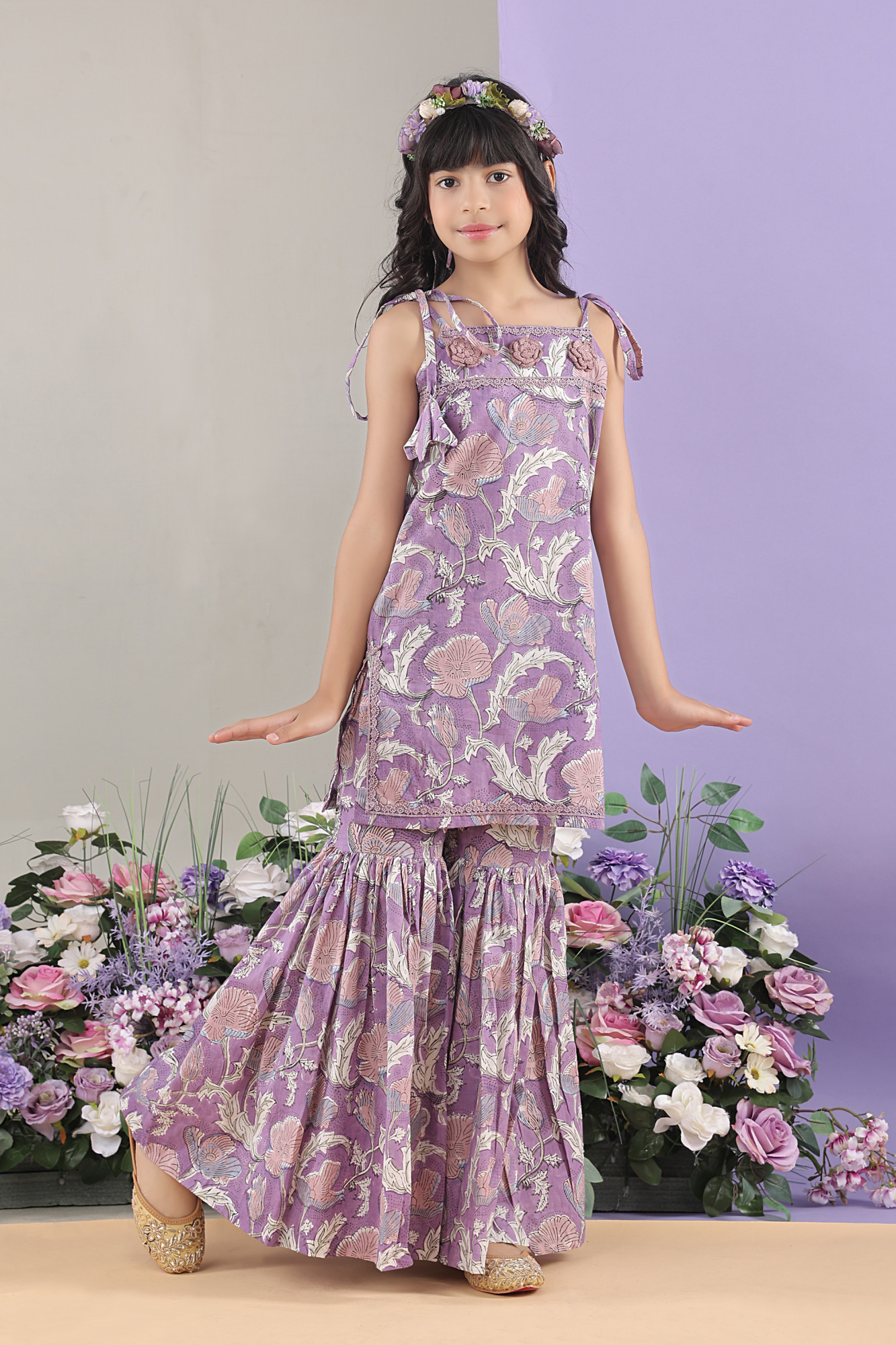 Meghana Floral Tie-Up Kurti Tiered Sharara Set