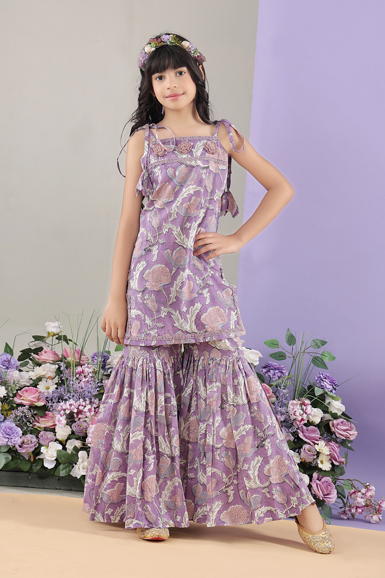 Meghana Floral Tie-Up Kurti Tiered Sharara Set