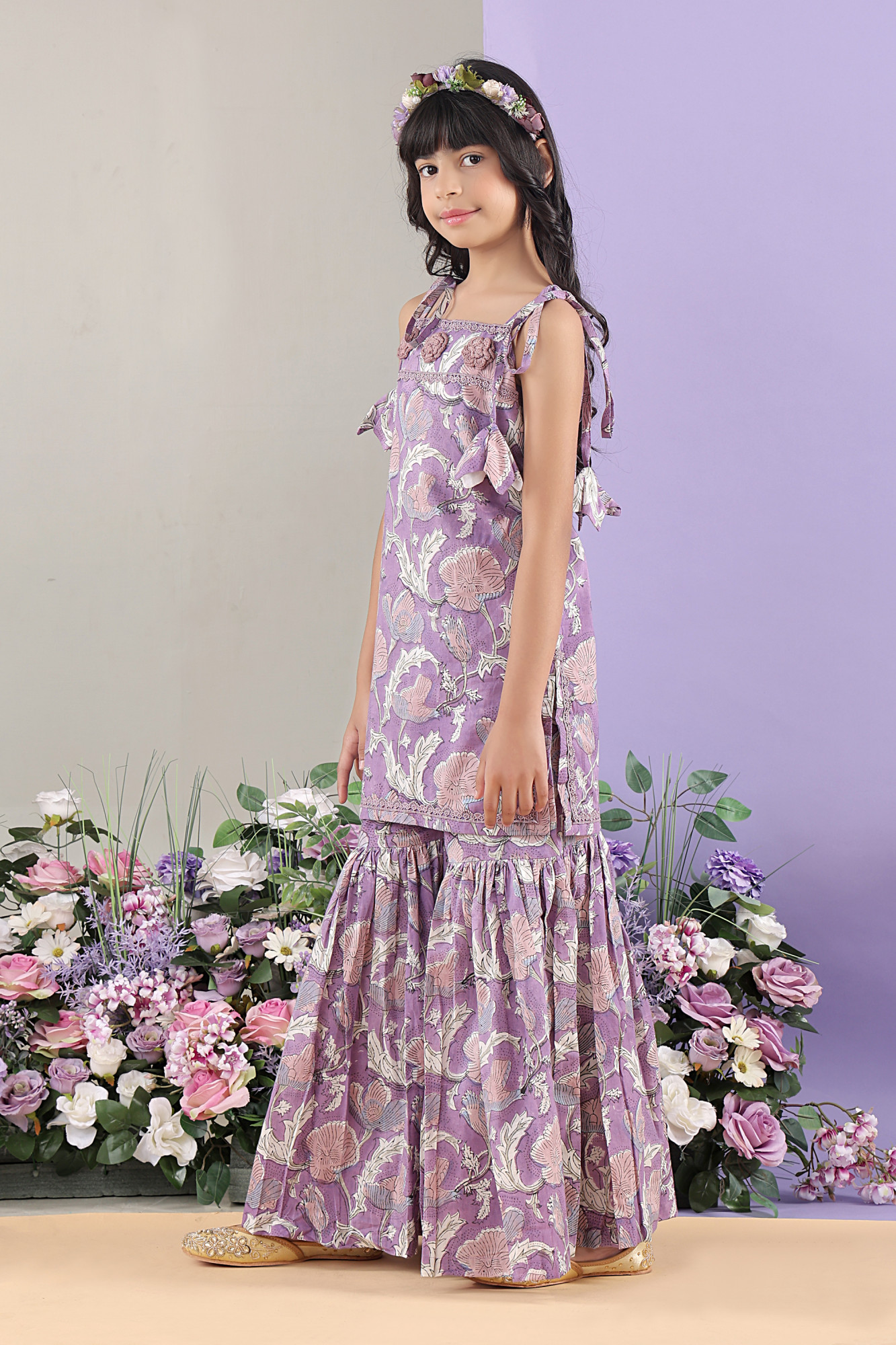 Meghana Floral Tie-Up Kurti  Tiered Sharara Set