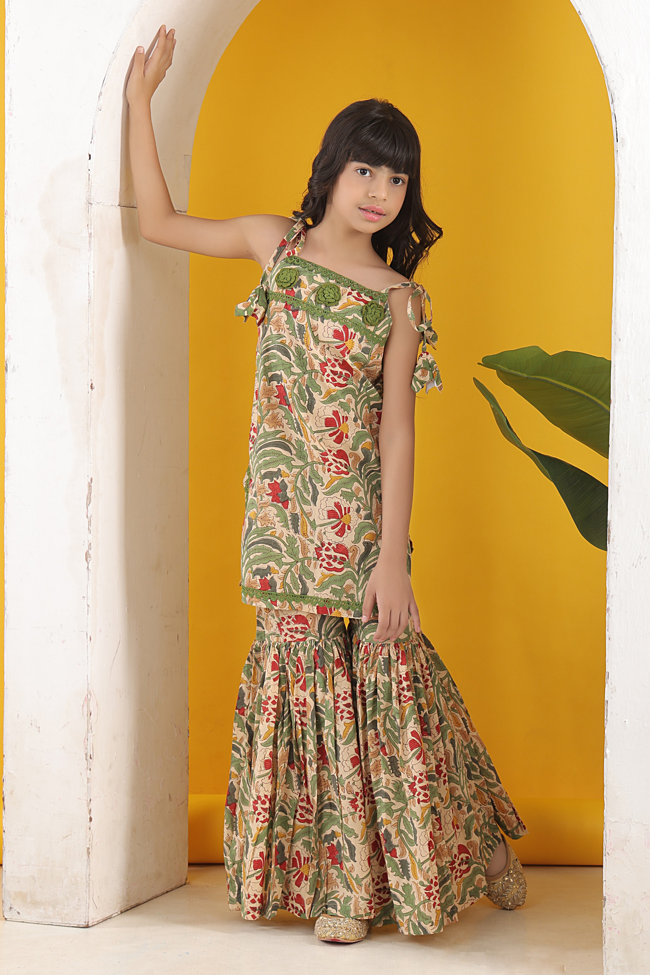 Drizzle Floral Tie-Up Kurti  Tiered Sharara Set