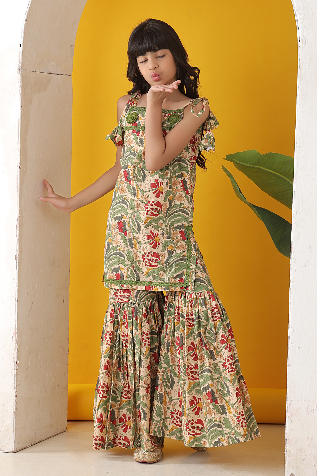 Drizzle Floral Tie-Up Kurti  Tiered Sharara Set