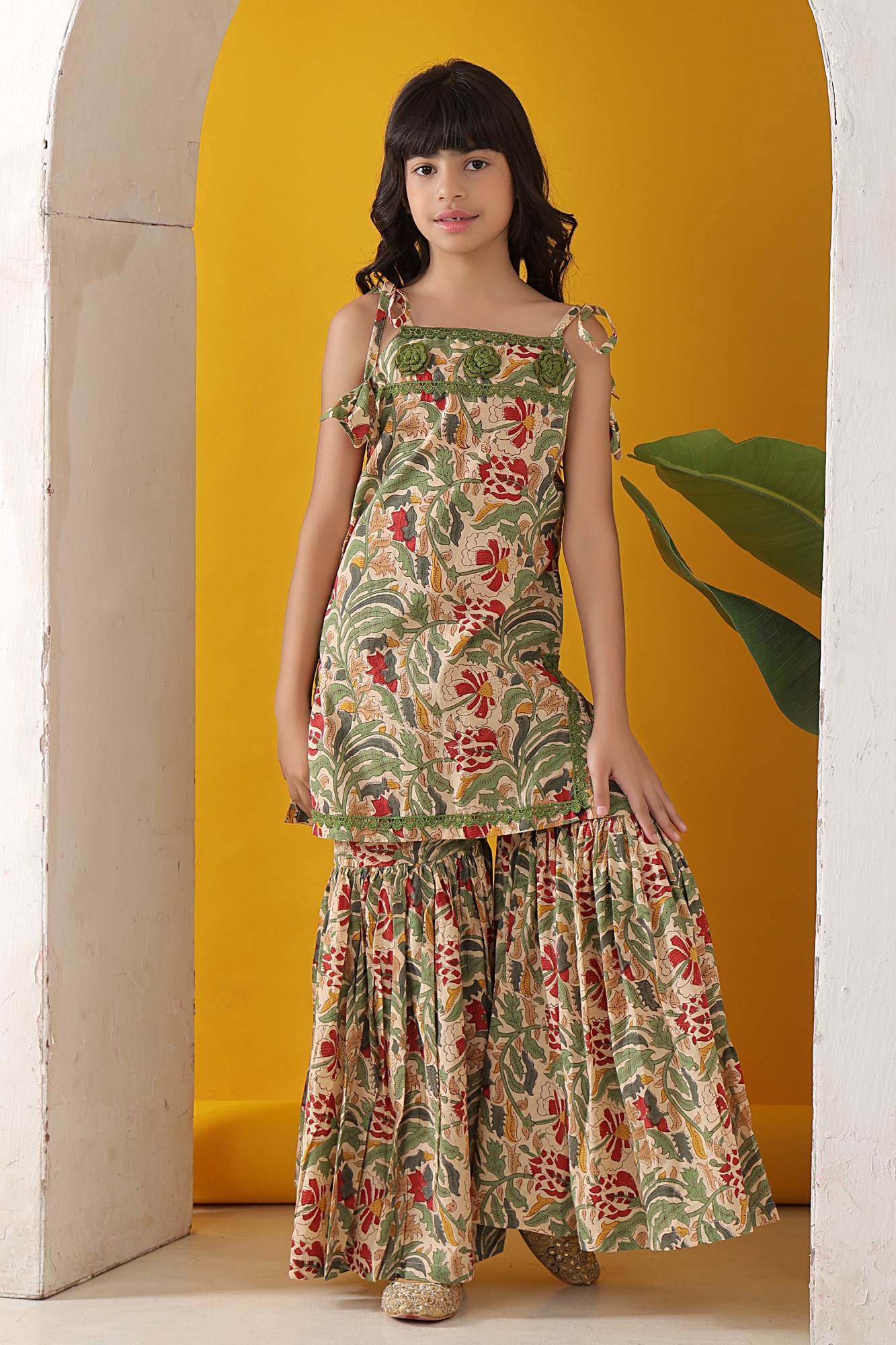 Drizzle Floral Tie-Up Kurti  Tiered Sharara Set