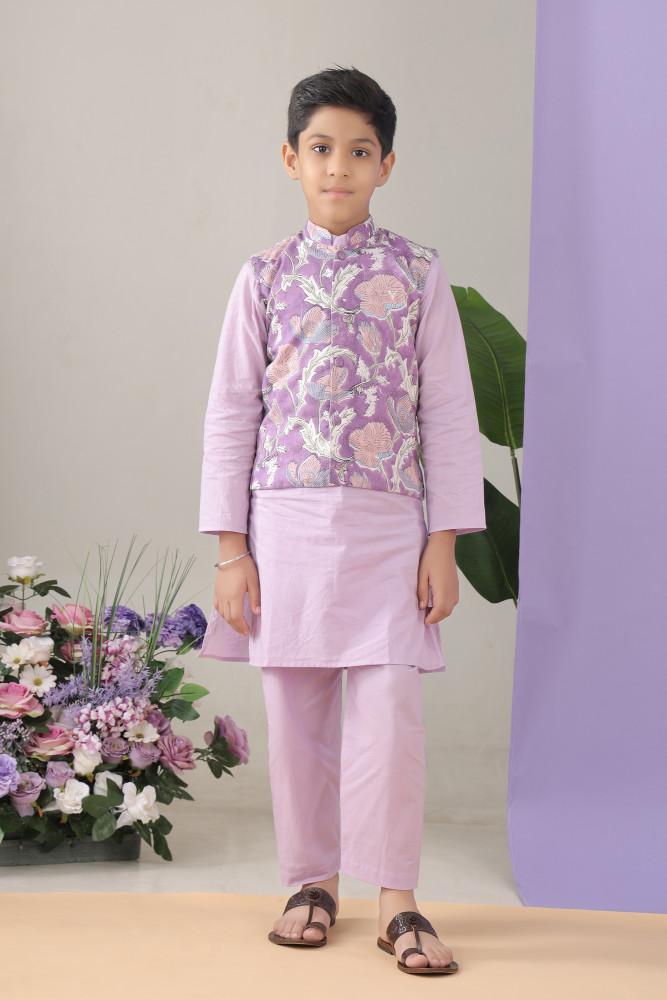 Image of Cloud Floral Jacket with Lilac Kurta Set