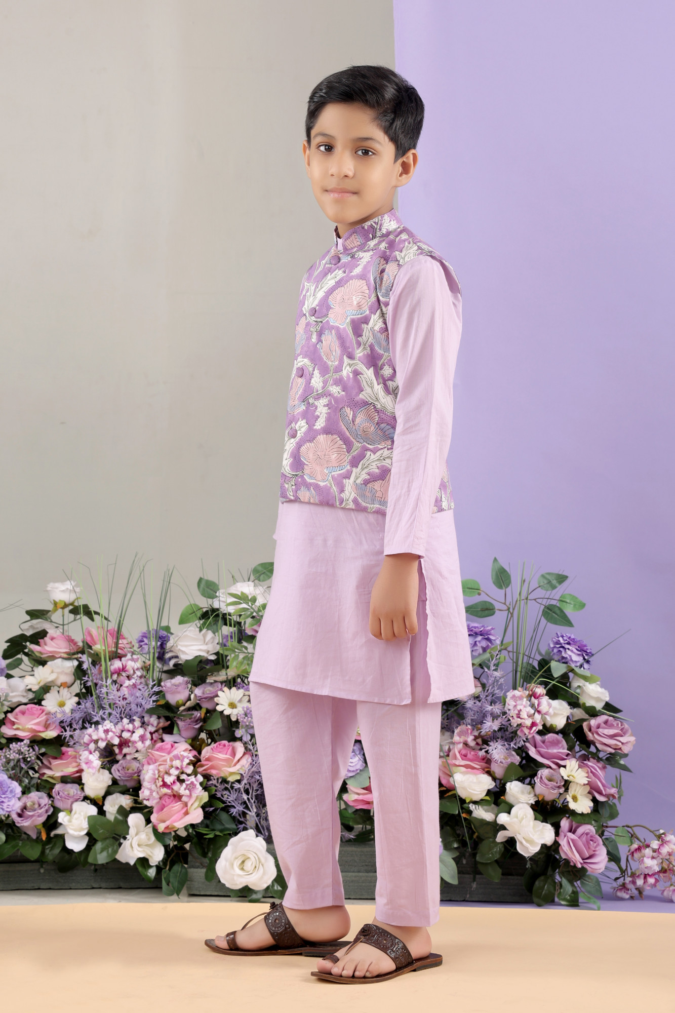 Cloud Floral Jacket with Lilac Kurta Set