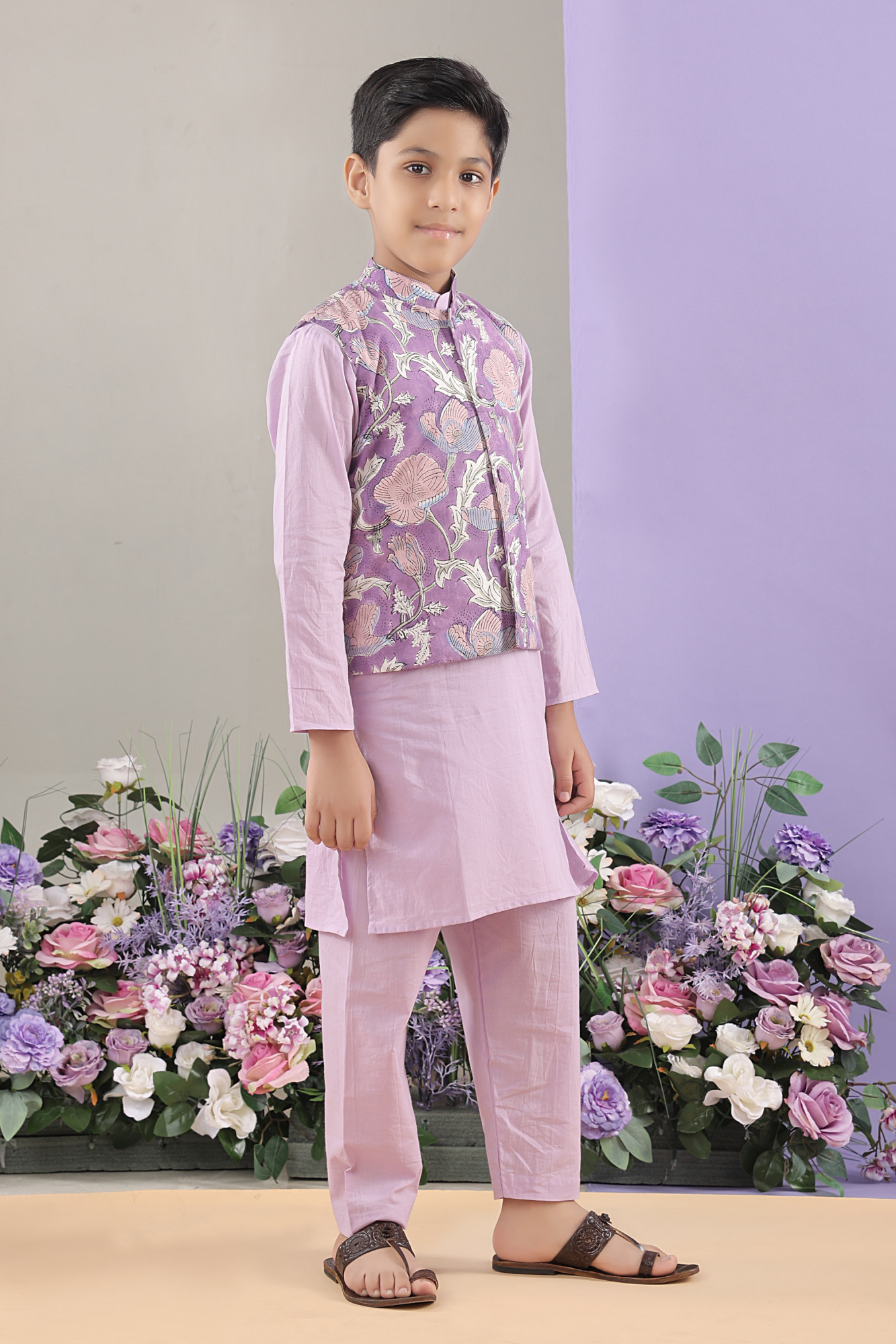 Cloud Floral Jacket with Lilac Kurta Set