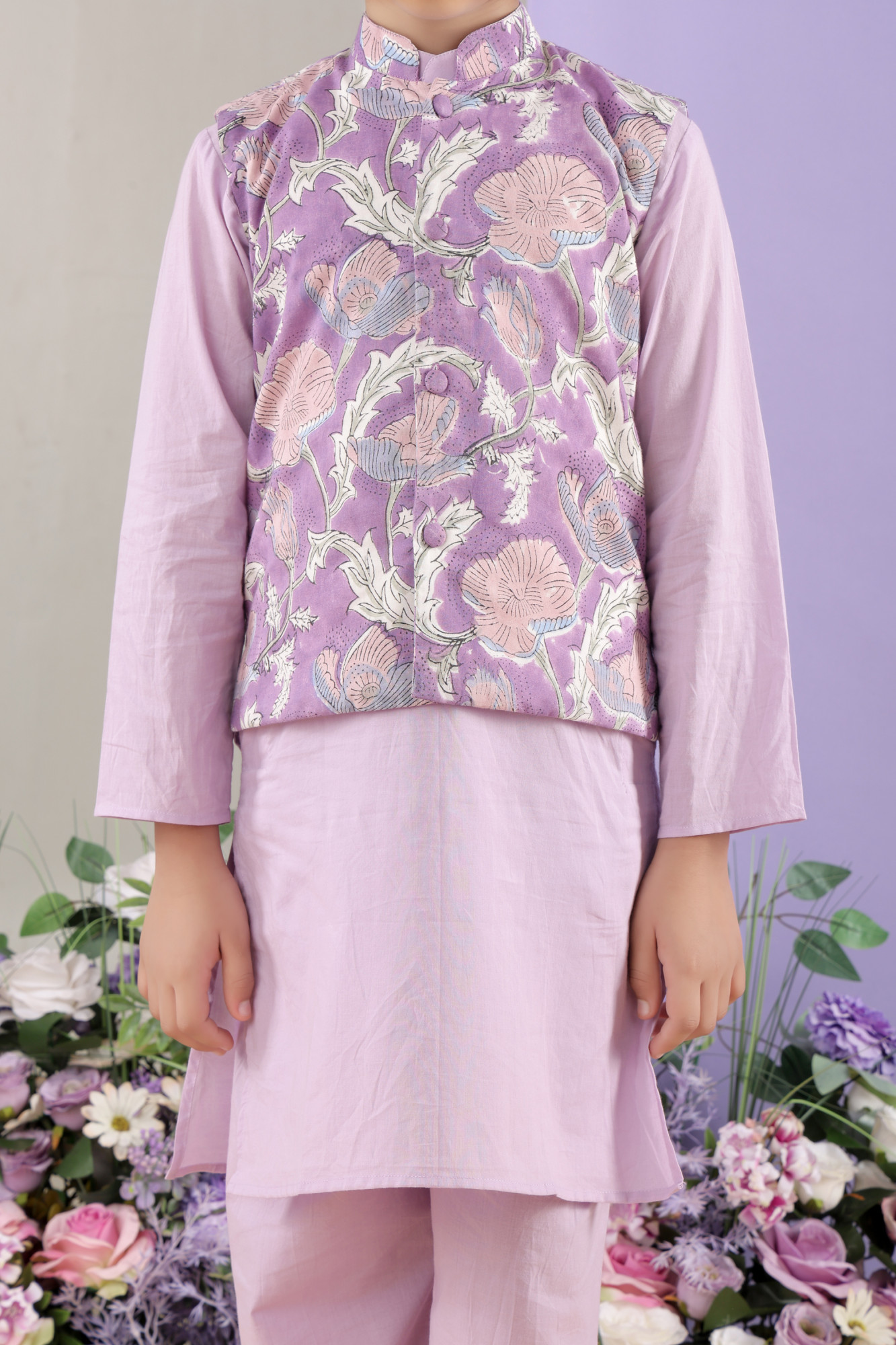 Cloud Floral Jacket with Lilac Kurta Set
