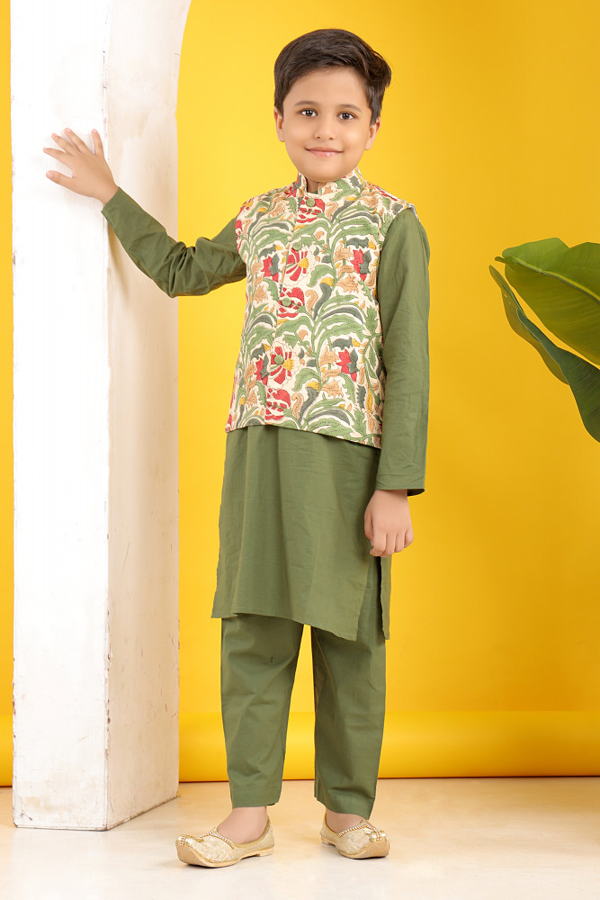 Image of Sawan Forest Print Jacket with Olive Kurta Set