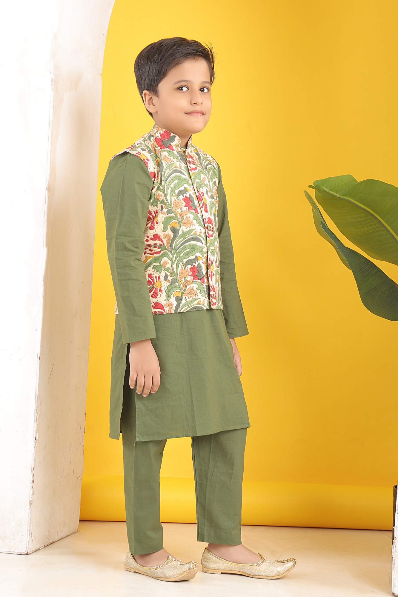 Sawan Forest Print Jacket with Olive Kurta Set
