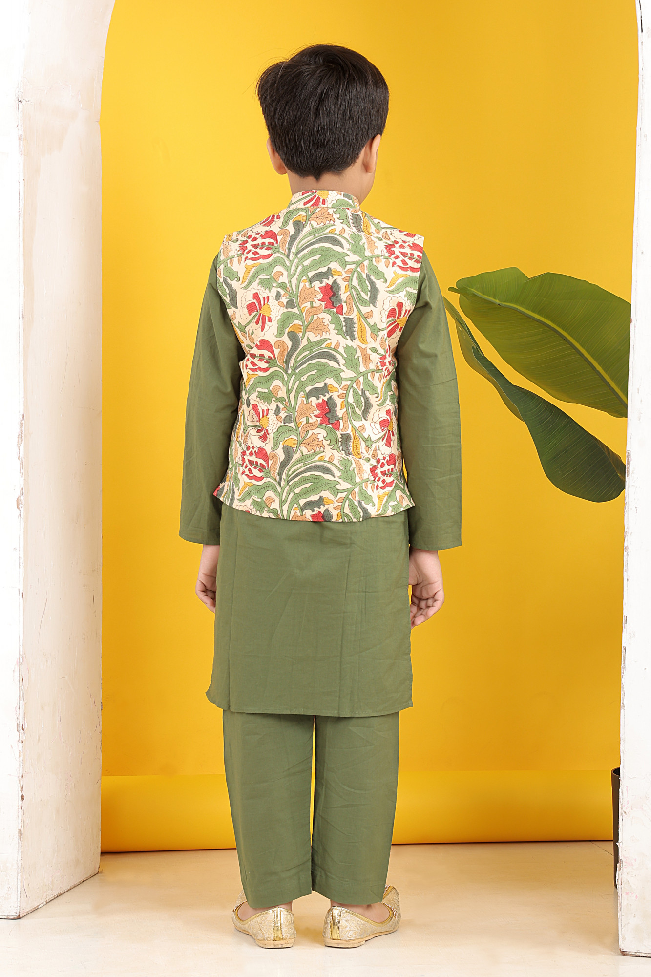 Sawan Forest Print Jacket with Olive Kurta Set