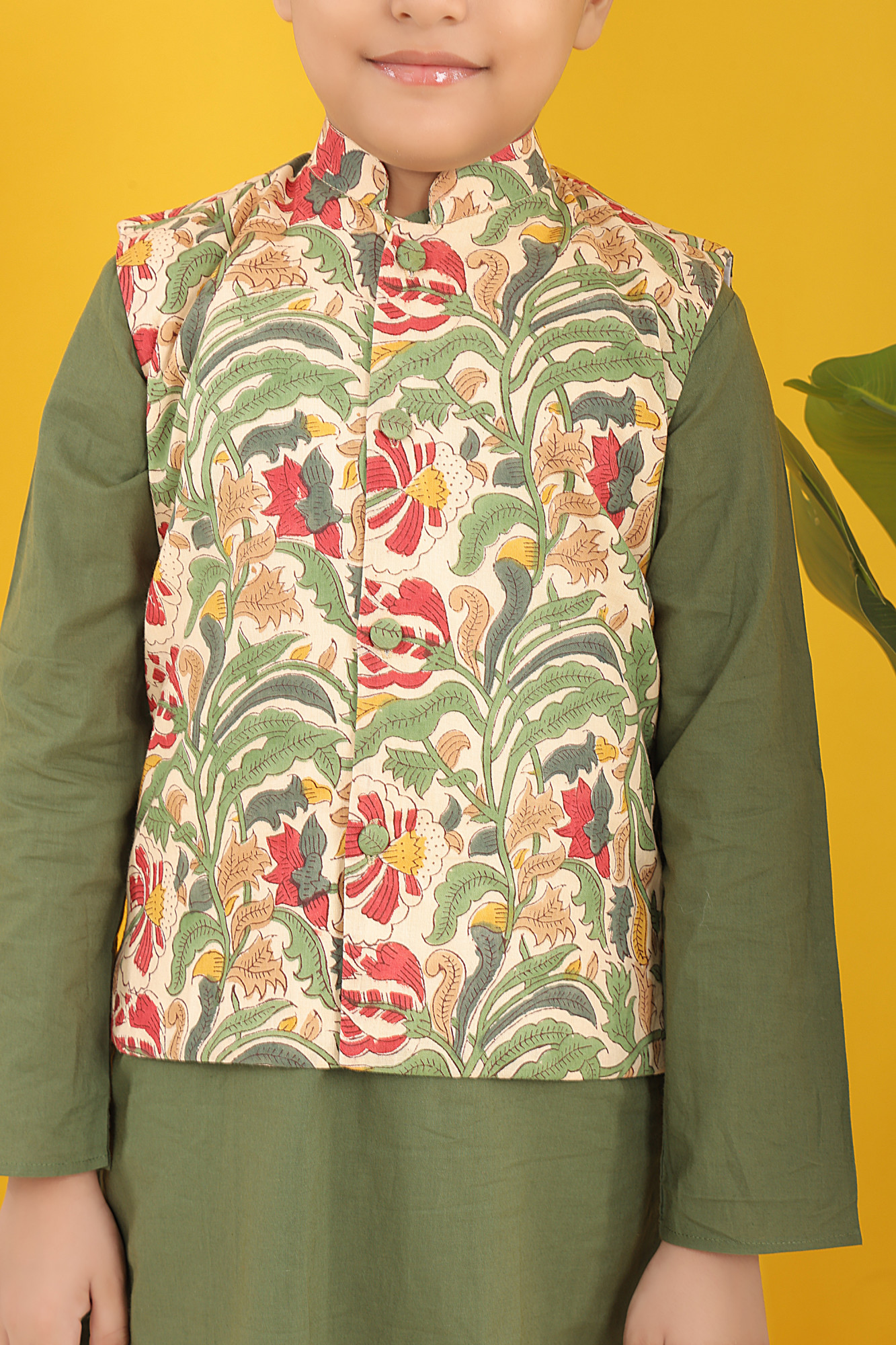 Sawan Forest Print Jacket with Olive Kurta Set