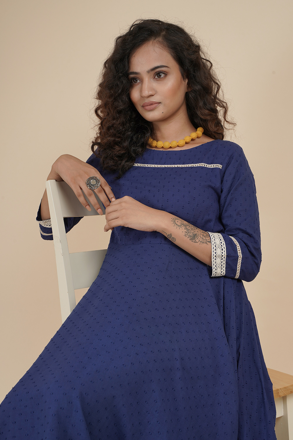 CROCHET BORDER BLUE DRESS