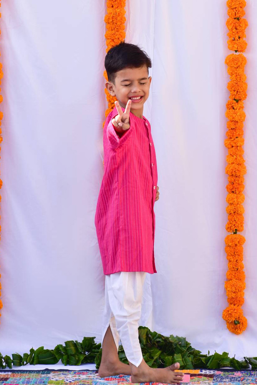 Pink White Dhoti Set